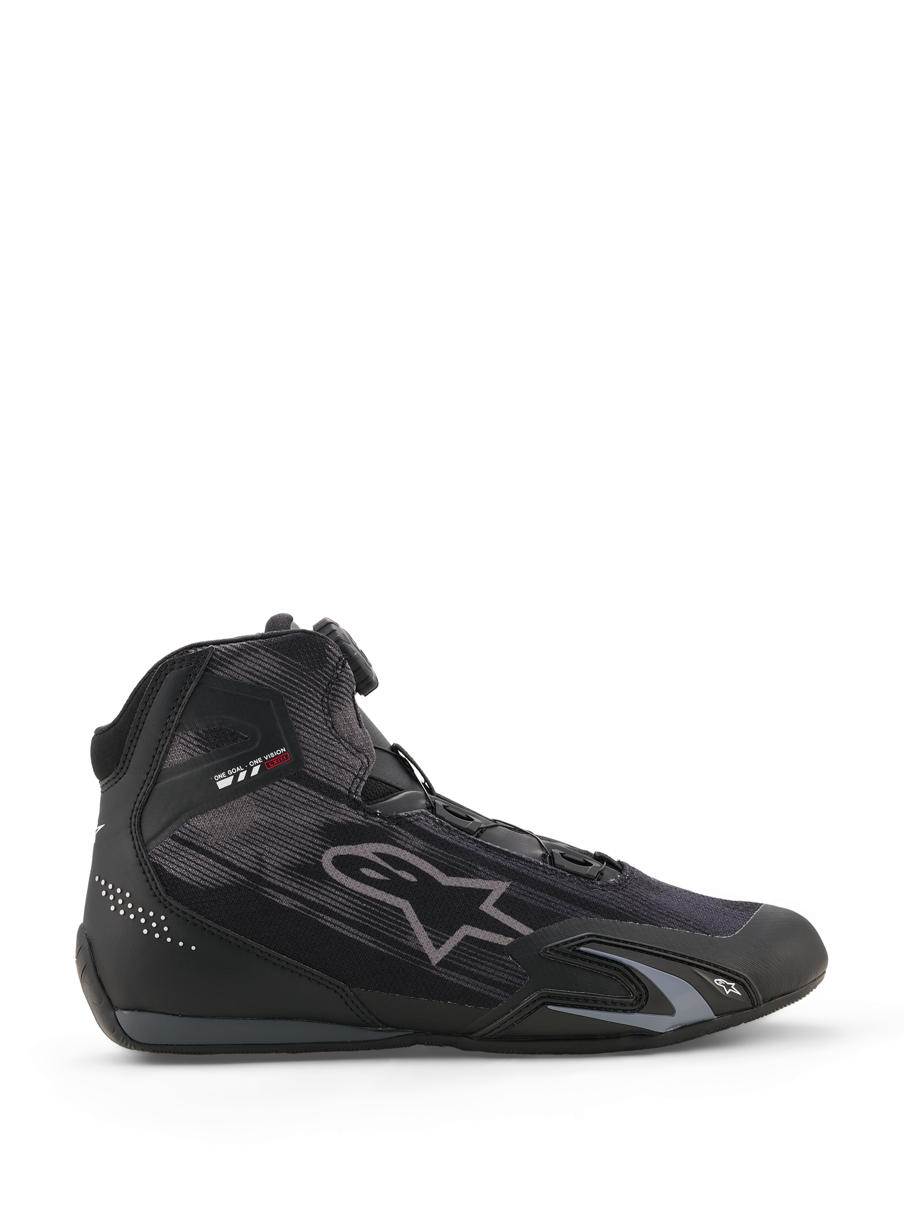 Buty Alpinestars Celer Superair, buty motocyklowe, czarno-ciemnoszare, profil boczny z tekstylną konstrukcją o wysokim przepływie powietrza, system zamykania Rotor i ochronne wzmocnienia TPU, smukły sportowy design.
