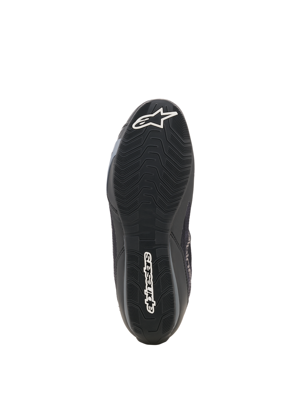 Buty Alpinestars Celer Superair, buty motocyklowe, czarne i ciemnoszare, widok od dołu na teksturowaną, olejoodporną gumową podeszwę zewnętrzną, białe logo gwiazdy Alpinestars na nosku i logotyp na pięcie
