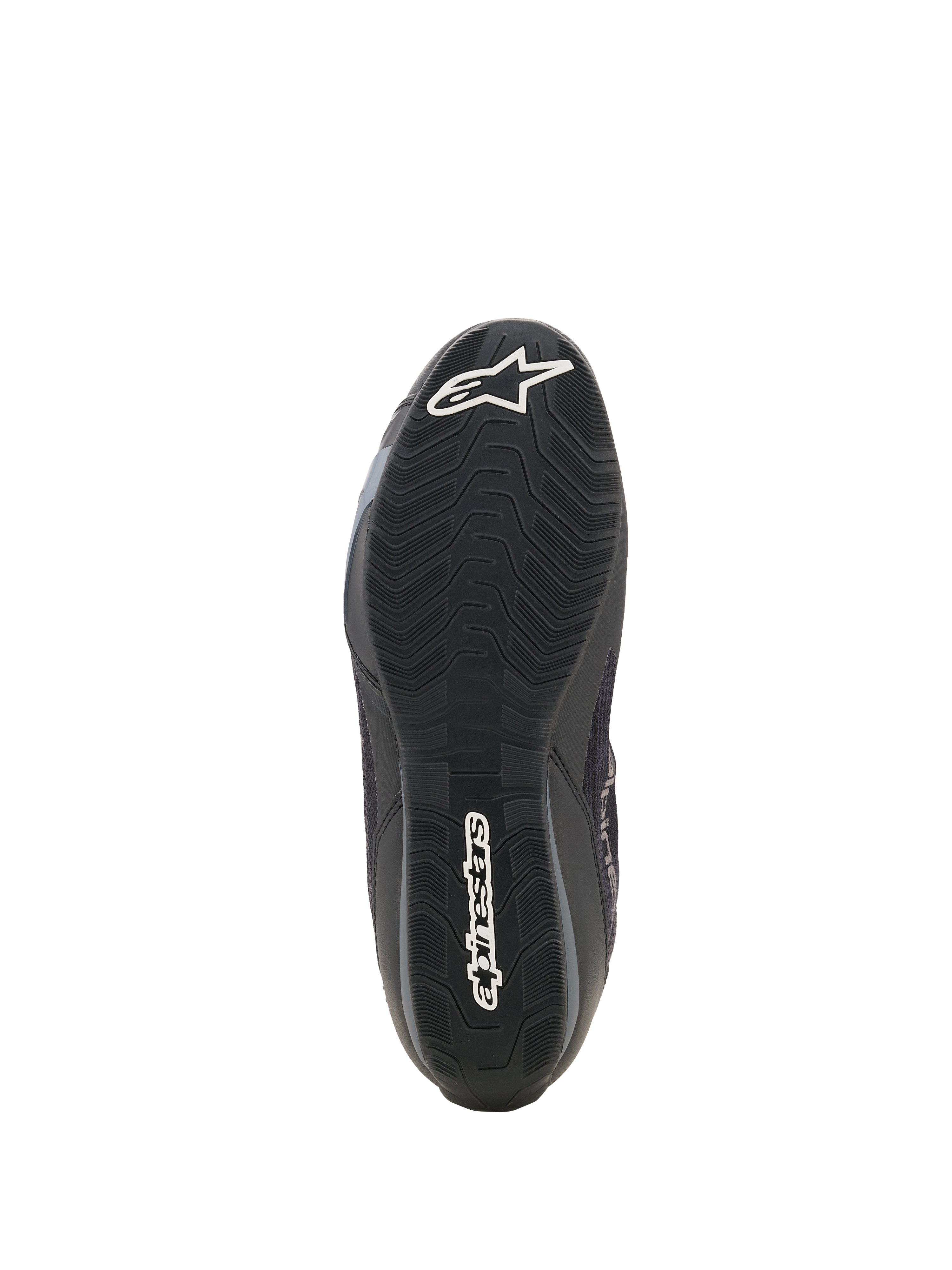 Buty Alpinestars Celer Superair, buty motocyklowe, czarne i ciemnoszare, widok od dołu na teksturowaną, olejoodporną gumową podeszwę zewnętrzną, białe logo gwiazdy Alpinestars na nosku i logotyp na pięcie