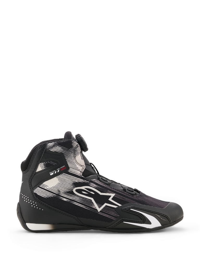 Alpinestars Celer Superair Shoes, Motorcycle Riding Shoes, Black and White, side profile view featuring white graphic patterns and large Astar logo, Rotor Closure System on the tongue, TPU ankle protection with 'ONE GOAL ONE VISION' branding, breathable textile upper for warm-weather performance