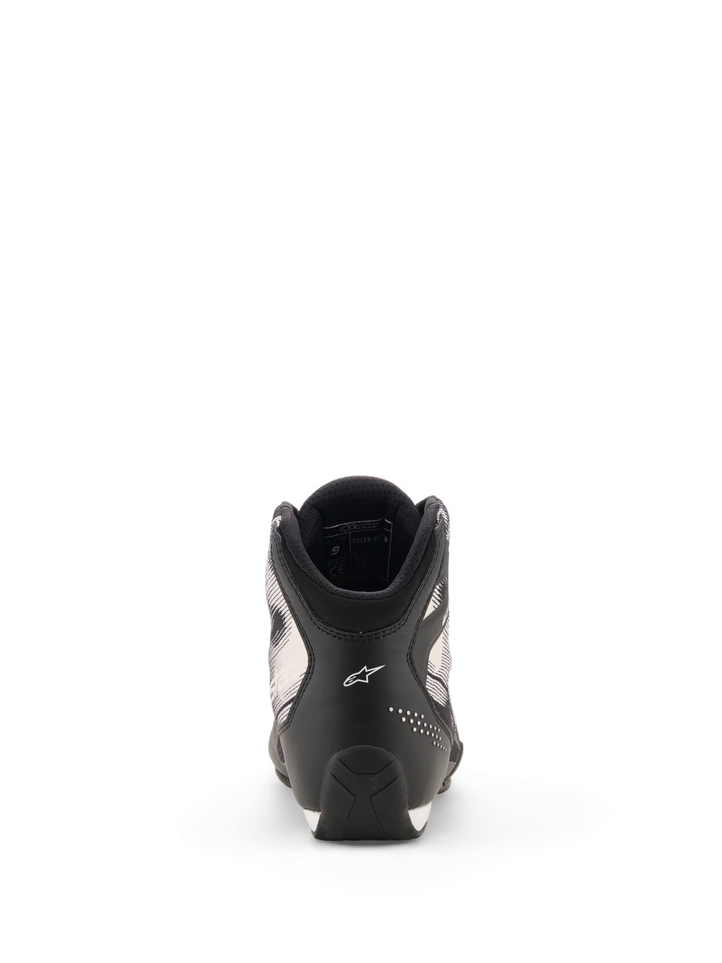 Alpinestars Celer Superair Shoes, buty motocyklowe, czarno-białe, widok z tyłu ukazujący piętę z białym logo Astar, perforowane akcenty oraz teksturowany wzór podeszwy