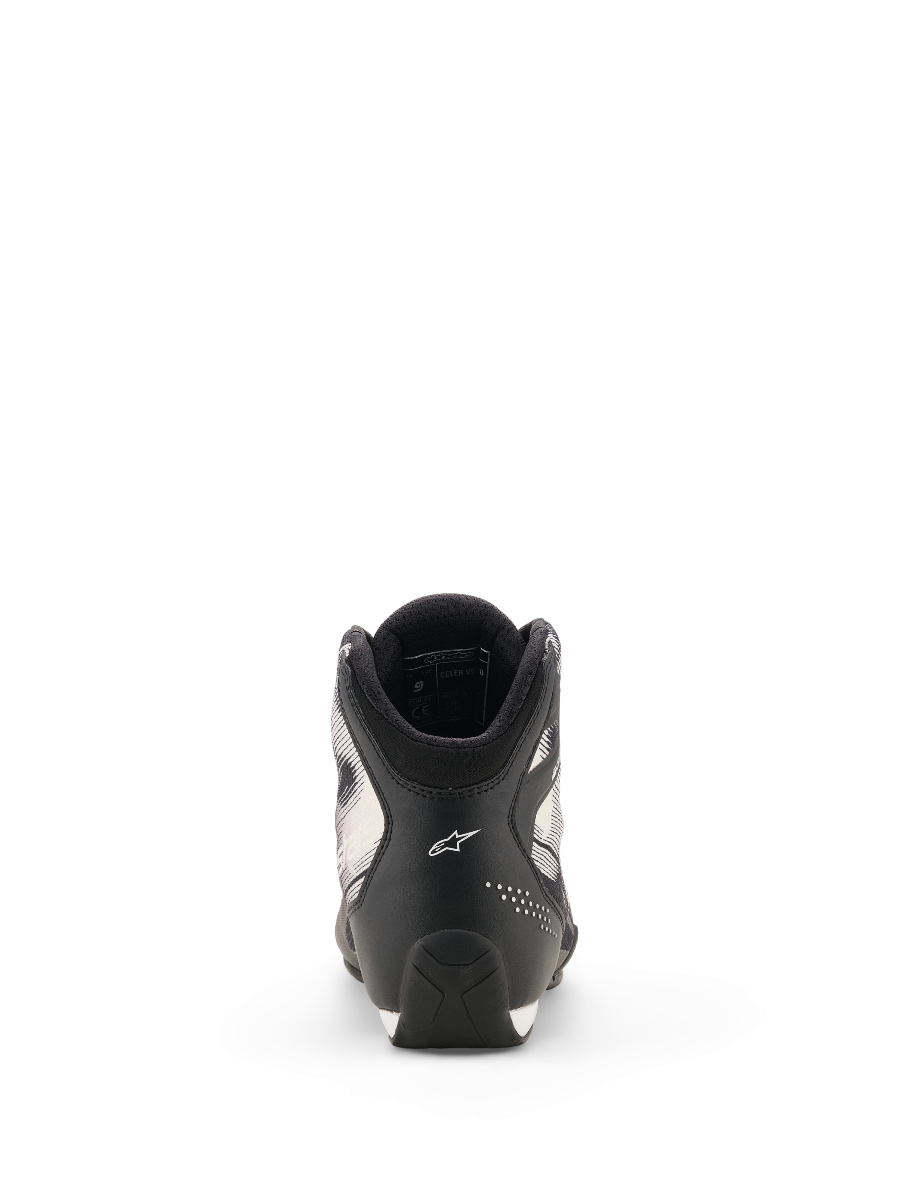 Alpinestars Celer Superair Shoes, buty motocyklowe, czarno-białe, widok z tyłu ukazujący piętę z białym logo Astar, perforowane akcenty oraz teksturowany wzór podeszwy