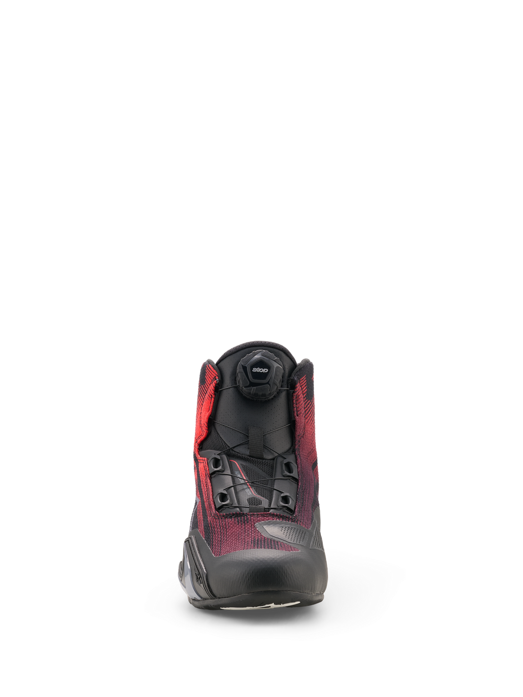 Alpinestars Celer Superair Shoes, buty motocyklowe, czarne z jaskrawoczerwonymi akcentami, widok z przodu z pokrętłem systemu zapięcia Rotor oraz oddychającą tekstylną cholewką z ochronnymi wzmocnieniami