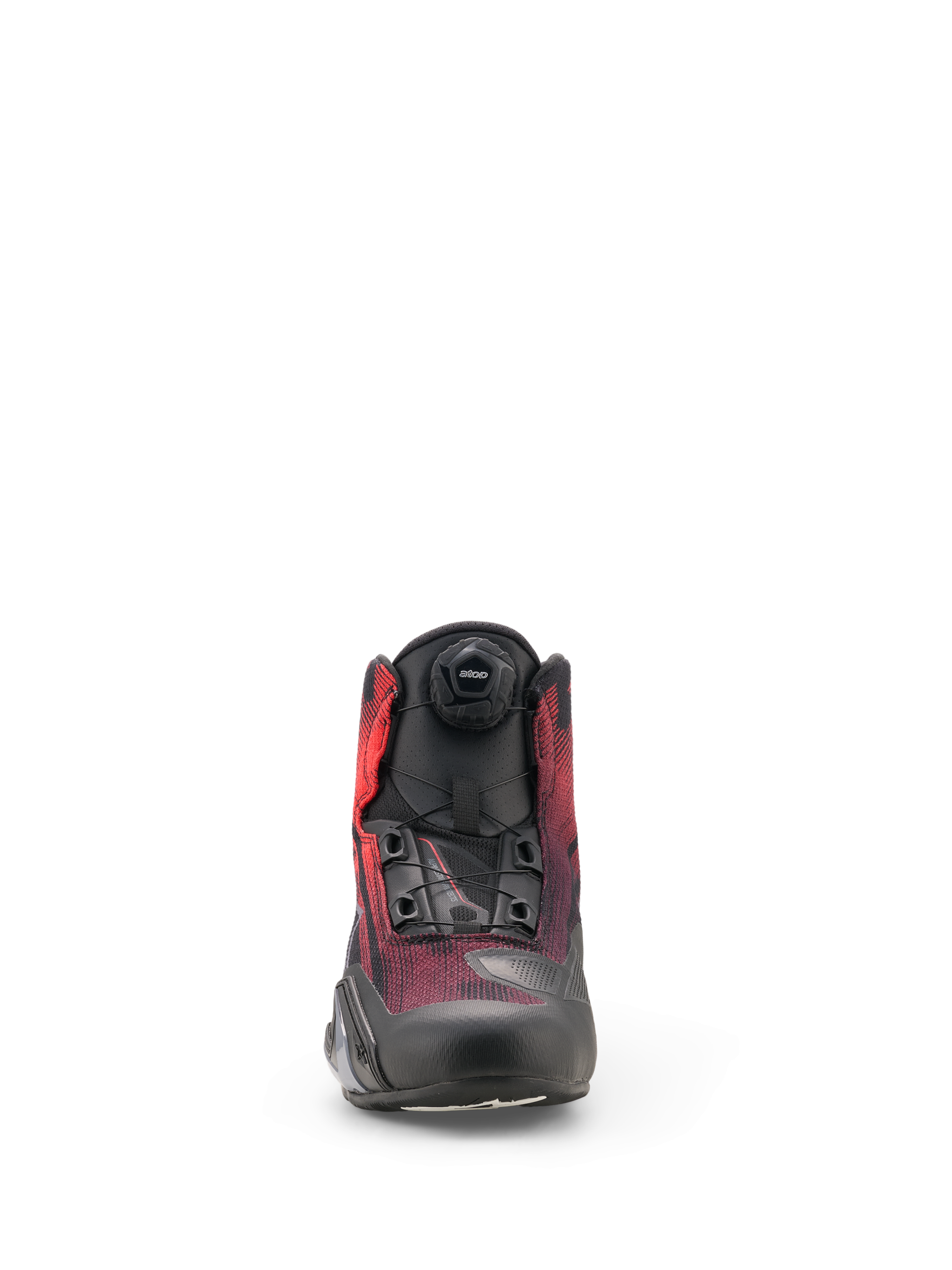 Alpinestars Celer Superair Shoes, buty motocyklowe, czarne z jaskrawoczerwonymi akcentami, widok z przodu z pokrętłem systemu zapięcia Rotor oraz oddychającą tekstylną cholewką z ochronnymi wzmocnieniami