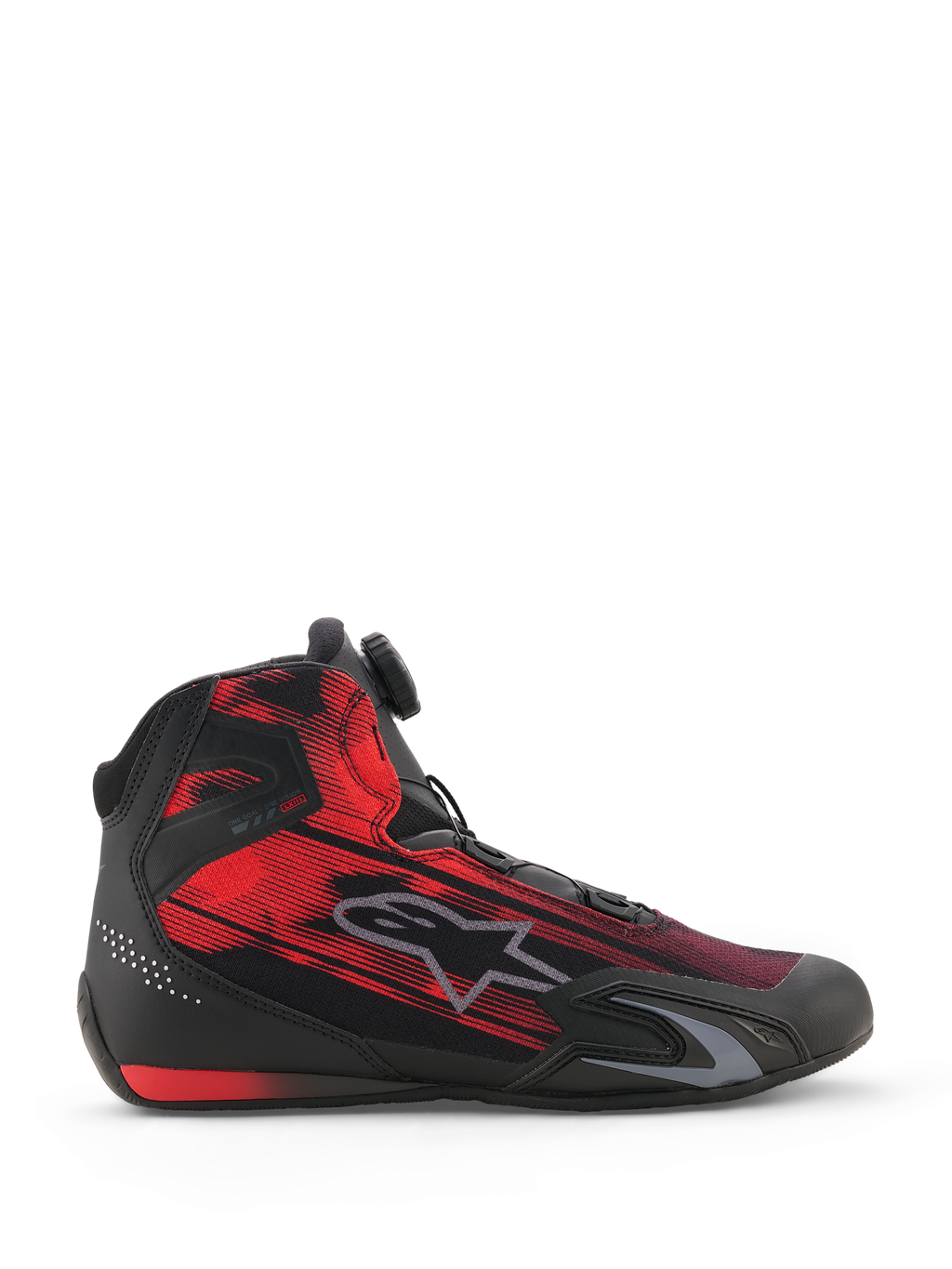 Alpinestars Celer Superair Shoes, buty motocyklowe, czarno-jaskrawoczerwone, widok z boku przedstawiający tekstylną cholewkę z pasiastą grafiką, szare logo Alpinestars i pokrętło systemu zapinania Rotor, sportowe obuwie dla motocyklistów