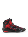 Alpinestars Celer Superair Shoes, buty motocyklowe, czarno-jaskrawoczerwone, widok z boku przedstawiający tekstylną cholewkę z pasiastą grafiką, szare logo Alpinestars i pokrętło systemu zapinania Rotor, sportowe obuwie dla motocyklistów