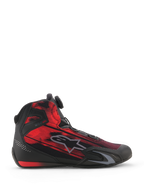 Alpinestars Celer Superair Shoes, buty motocyklowe, czarno-jaskrawoczerwone, widok z boku przedstawiający tekstylną cholewkę z pasiastą grafiką, szare logo Alpinestars i pokrętło systemu zapinania Rotor, sportowe obuwie dla motocyklistów