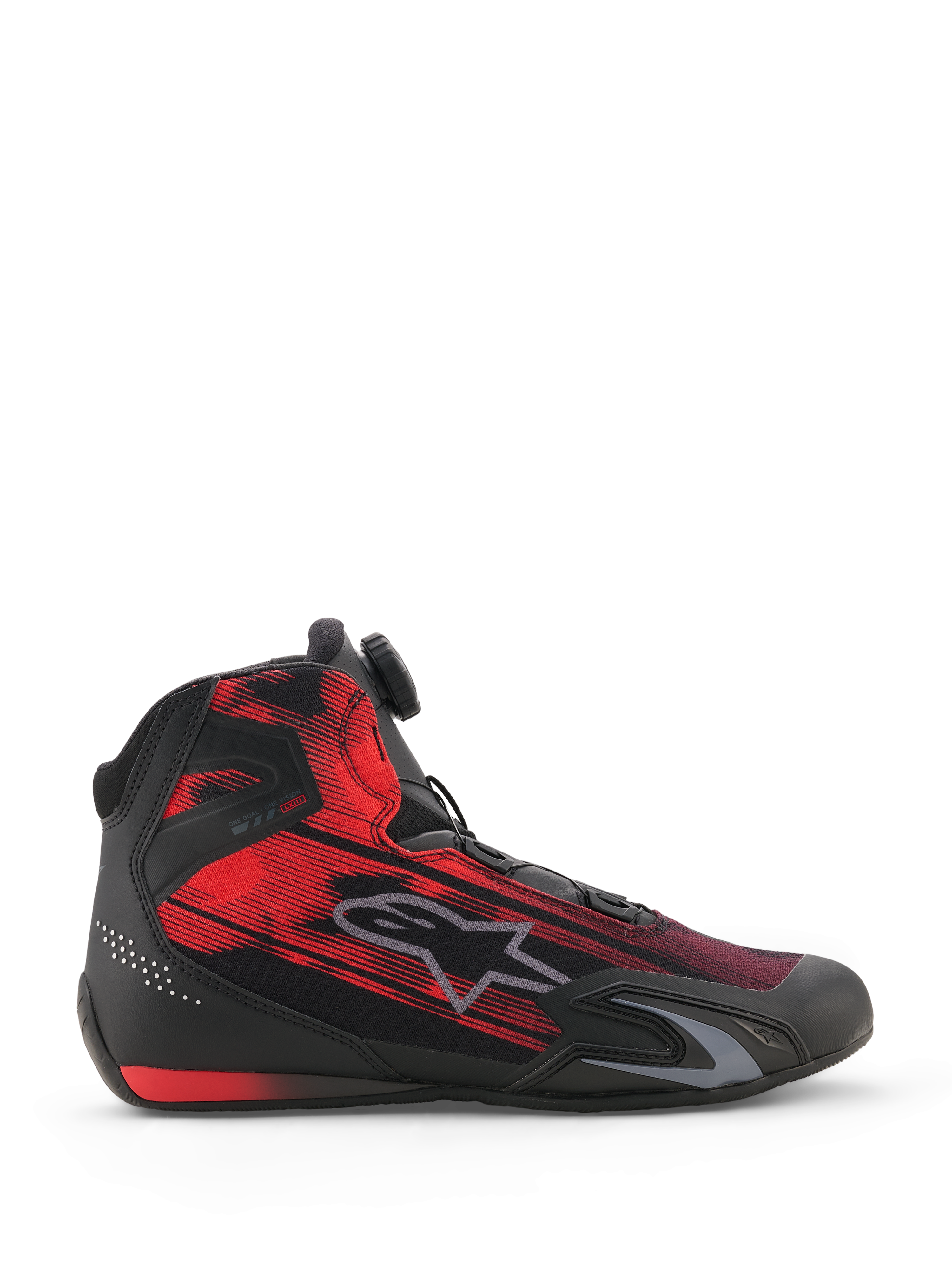 Alpinestars Celer Superair Shoes, motorcycle riding shoes, Black and Bright Red, side view featuring a streaked graphic textile upper, gray Alpinestars logo, and Rotor Closure System dial, sporty performance footwear for motorcyclists