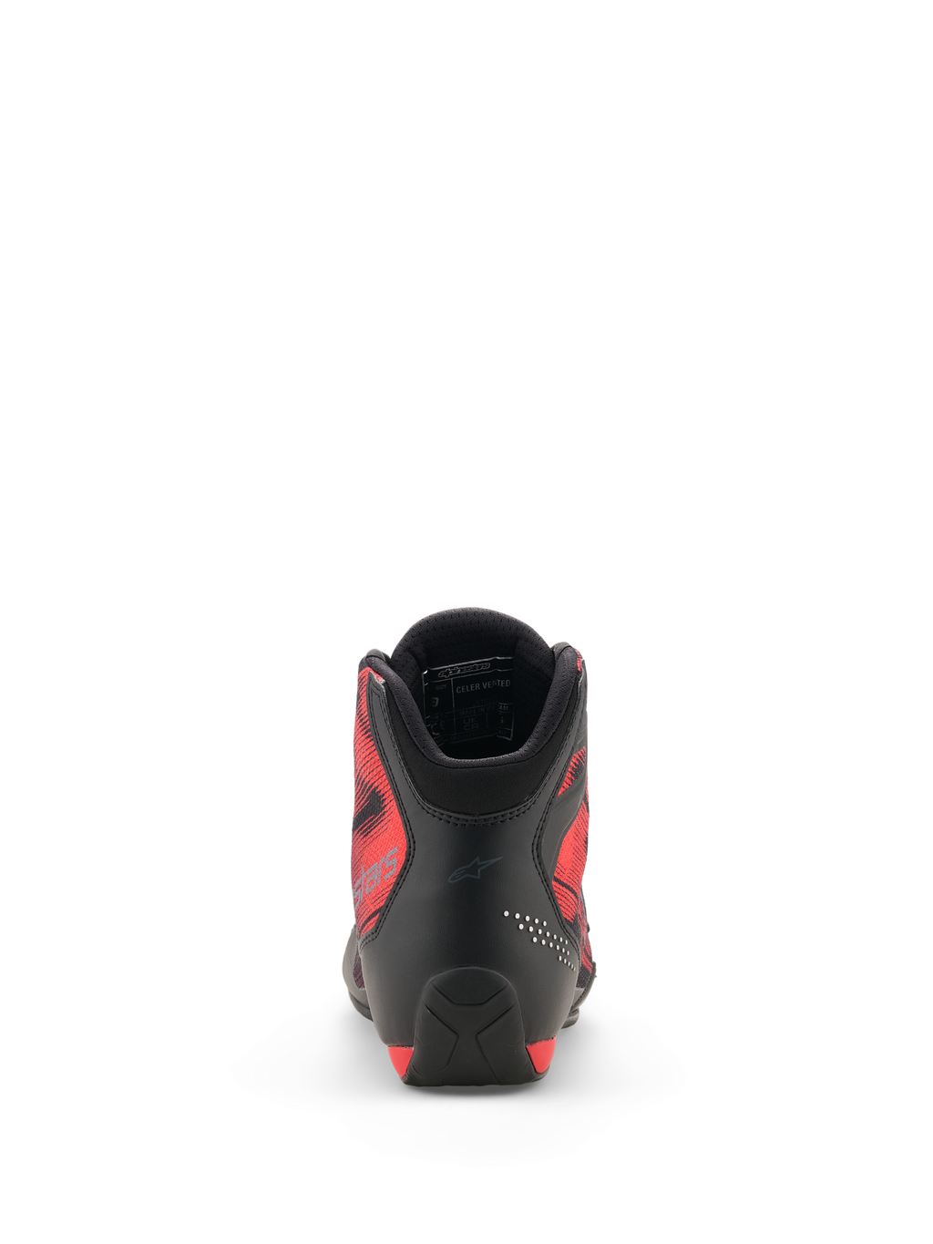 Buty Alpinestars Celer Superair, widok z tyłu, czarne i jaskrawoczerwone, wzmocniona pięta z mikrofibry, oddychające czerwone panele boczne z tkaniny Airflow z grafiką, wyściełany kołnierz z wyściółką z siatki 3D, sportowe obuwie motocyklowe