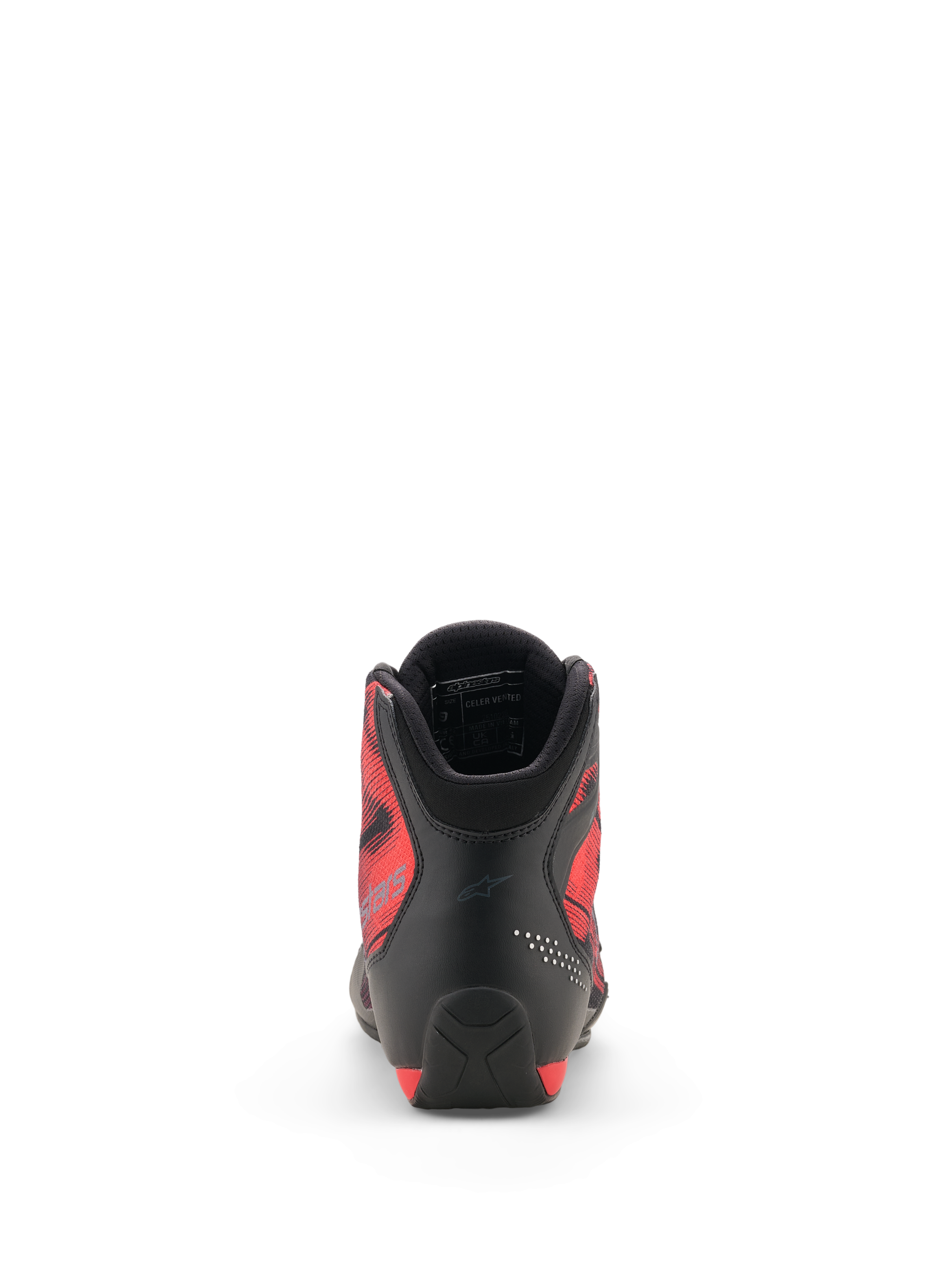 Buty Alpinestars Celer Superair, widok z tyłu, czarne i jaskrawoczerwone, wzmocniona pięta z mikrofibry, oddychające czerwone panele boczne z tkaniny Airflow z grafiką, wyściełany kołnierz z wyściółką z siatki 3D, sportowe obuwie motocyklowe