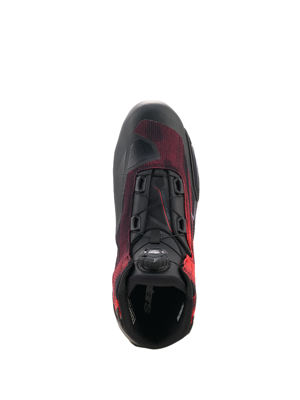 Buty Alpinestars Celer Superair, buty motocyklowe, czarno-czerwone, widok z góry pokazujący pokrętło systemu zamykania Rotor, oddychający materiał tekstylny i wzmocnioną konstrukcję do jazdy sportowej.