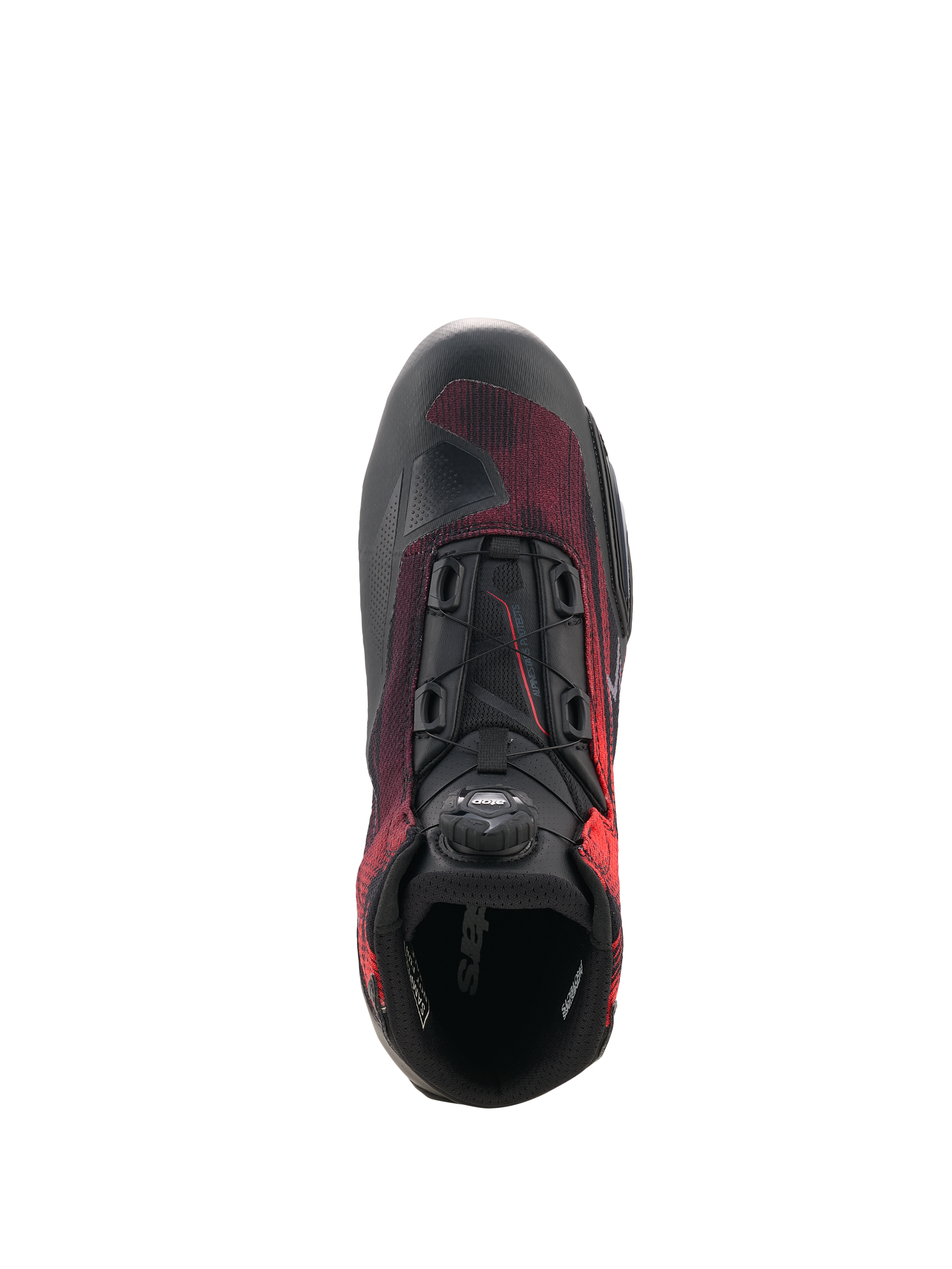 Buty Alpinestars Celer Superair, buty motocyklowe, czarno-czerwone, widok z góry pokazujący pokrętło systemu zamykania Rotor, oddychający materiał tekstylny i wzmocnioną konstrukcję do jazdy sportowej.