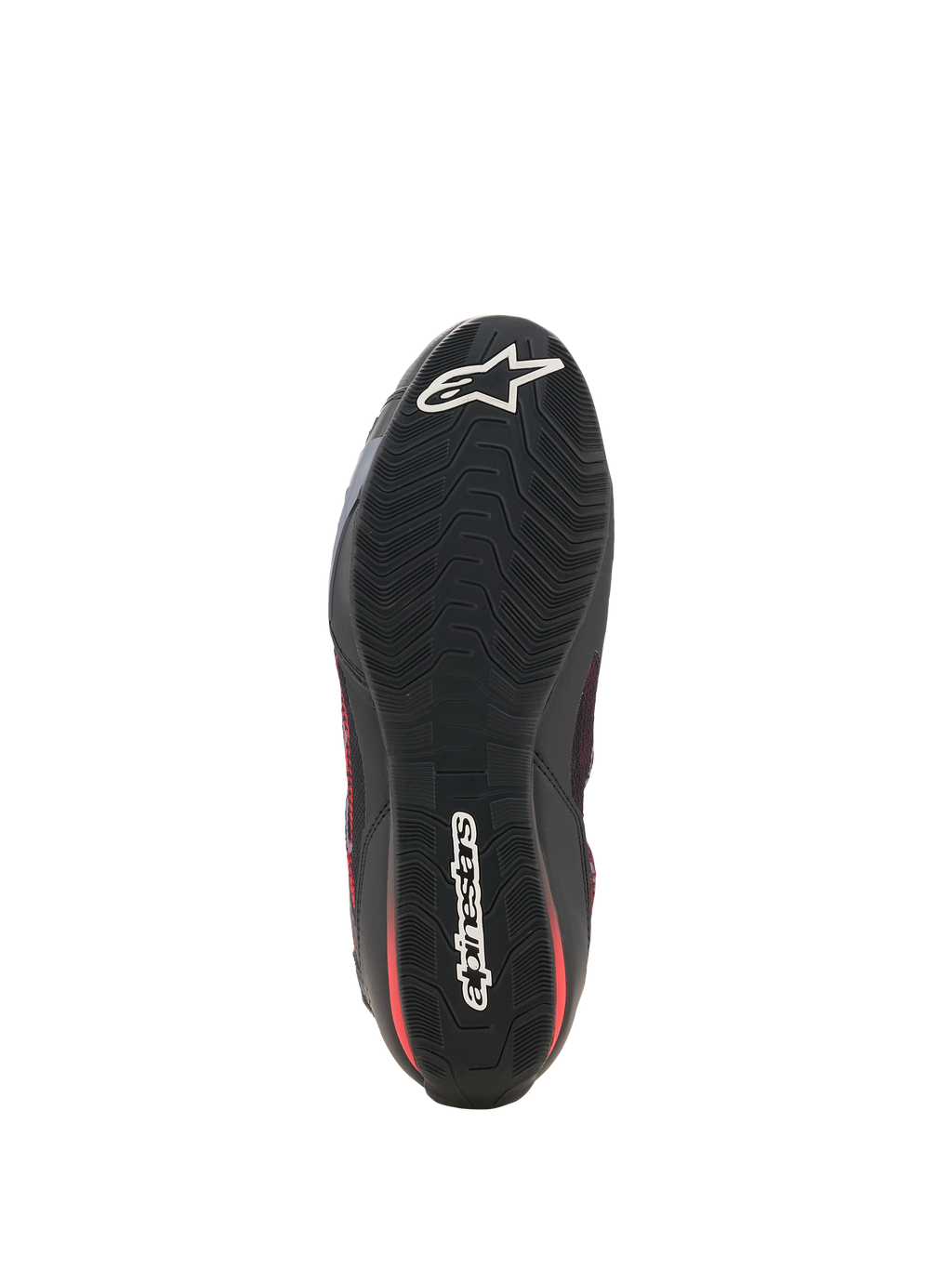 Buty Alpinestars Celer Superair, buty motocyklowe, czarne i jaskrawoczerwone, widok od dołu przedstawiający czarną olejoodporną gumową podeszwę zewnętrzną z teksturowanym falistym wzorem bieżnika oraz białym logo Alpinestars na palcach i pięcie