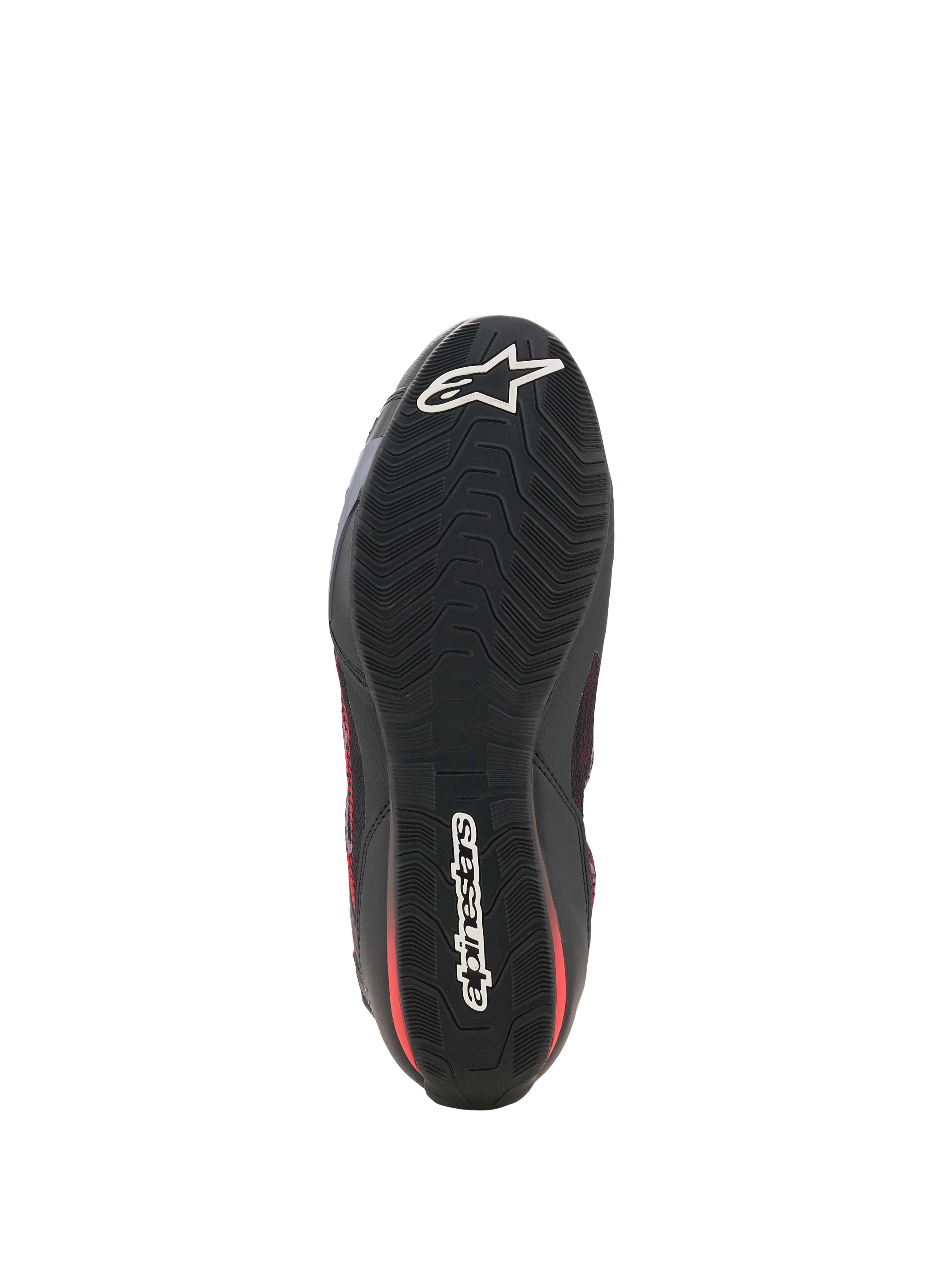 Buty Alpinestars Celer Superair, buty motocyklowe, czarne i jaskrawoczerwone, widok od dołu przedstawiający czarną olejoodporną gumową podeszwę zewnętrzną z teksturowanym falistym wzorem bieżnika oraz białym logo Alpinestars na palcach i pięcie
