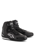 Alpinestars Faster-3 Rideknit® Shoes, Black motorcycle riding shoes, featuring knitted mesh panels and a microfiber chassis, white Alpinestars star logo on the side, laces with hook-and-loop ankle strap, designed for road racing and urban commuting.