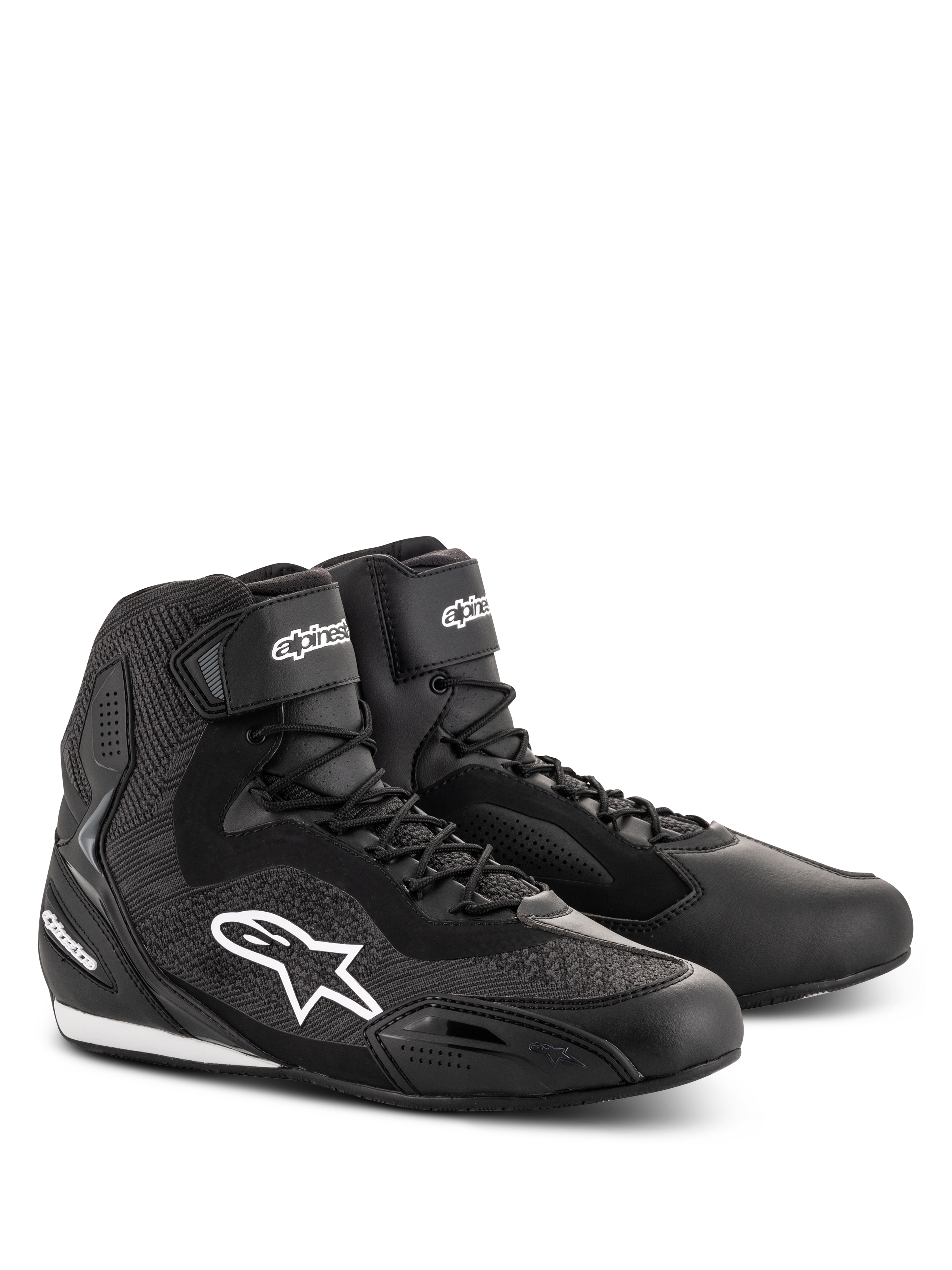 Alpinestars Faster-3 Rideknit® Shoes, Black motorcycle riding shoes, featuring knitted mesh panels and a microfiber chassis, white Alpinestars star logo on the side, laces with hook-and-loop ankle strap, designed for road racing and urban commuting.