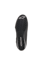 Alpinestars Faster-3 Rideknit® Shoes, Black, Bottom view of the sole featuring a textured wavy tread pattern, white Alpinestars logo and wordmark branding, performance motorcycle riding shoe