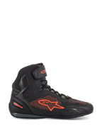 Alpinestars Faster-3 Rideknit® Shoes, Motorcycle Riding Shoe, Black and Red Fluo, lateral profile view, breathable knit and microfiber upper, fluorescent red Alpinestars logo and branding, lightweight protective footwear for road and urban riding