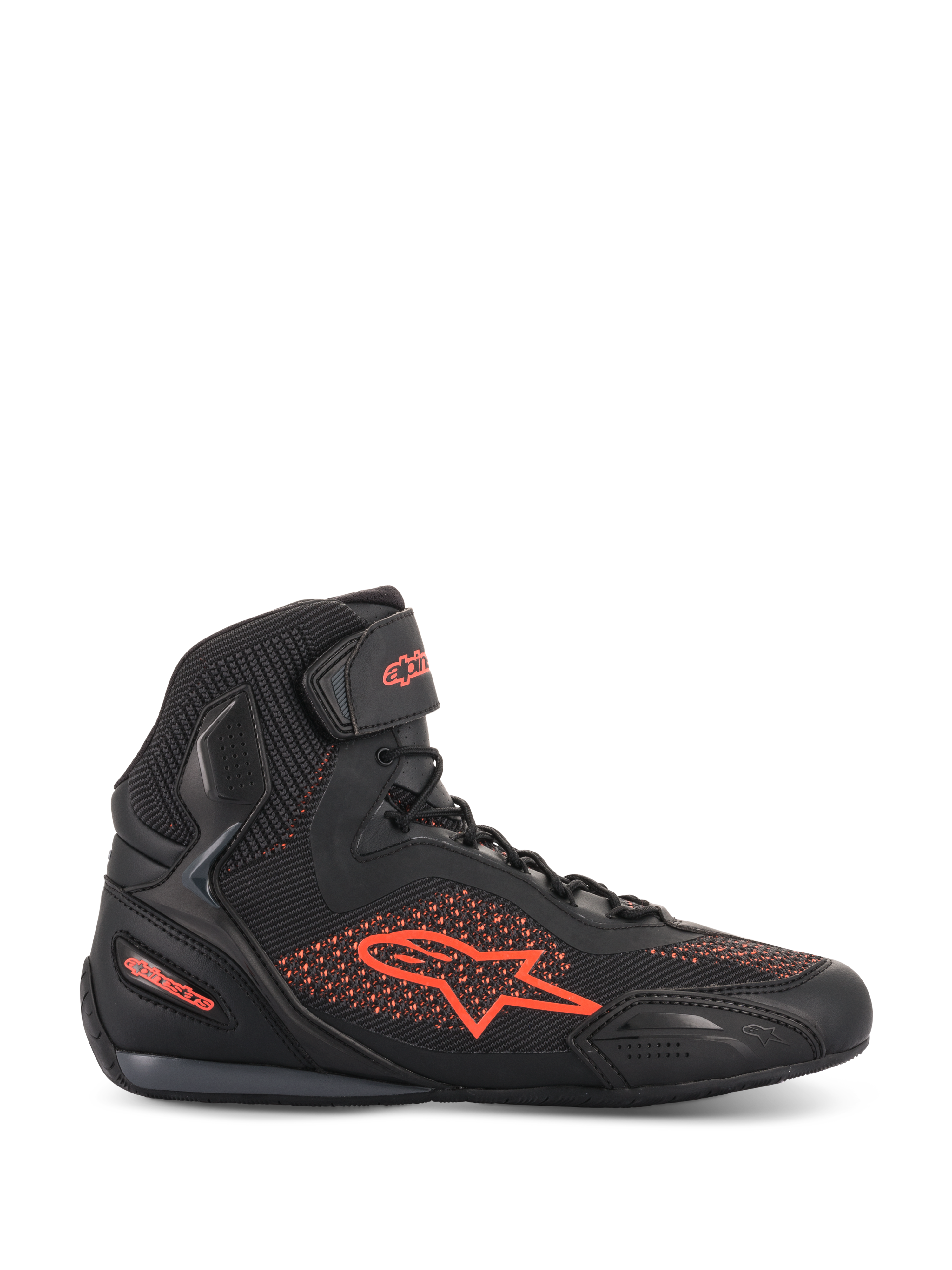 Alpinestars Faster-3 Rideknit® Shoes, Motorcycle Riding Shoe, Black and Red Fluo, lateral profile view, breathable knit and microfiber upper, fluorescent red Alpinestars logo and branding, lightweight protective footwear for road and urban riding