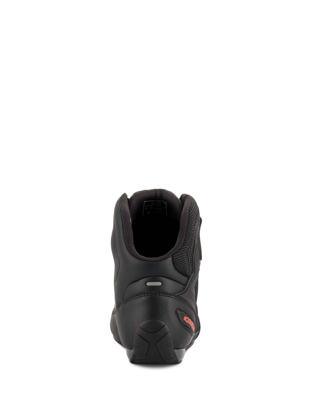Alpinestars Faster-3 Rideknit® Shoes, Motorcycle Riding Shoes, Black and Red Fluo, rear view highlighting the TPR heel counter, padded ankle collar, and red logo detail on the heel.