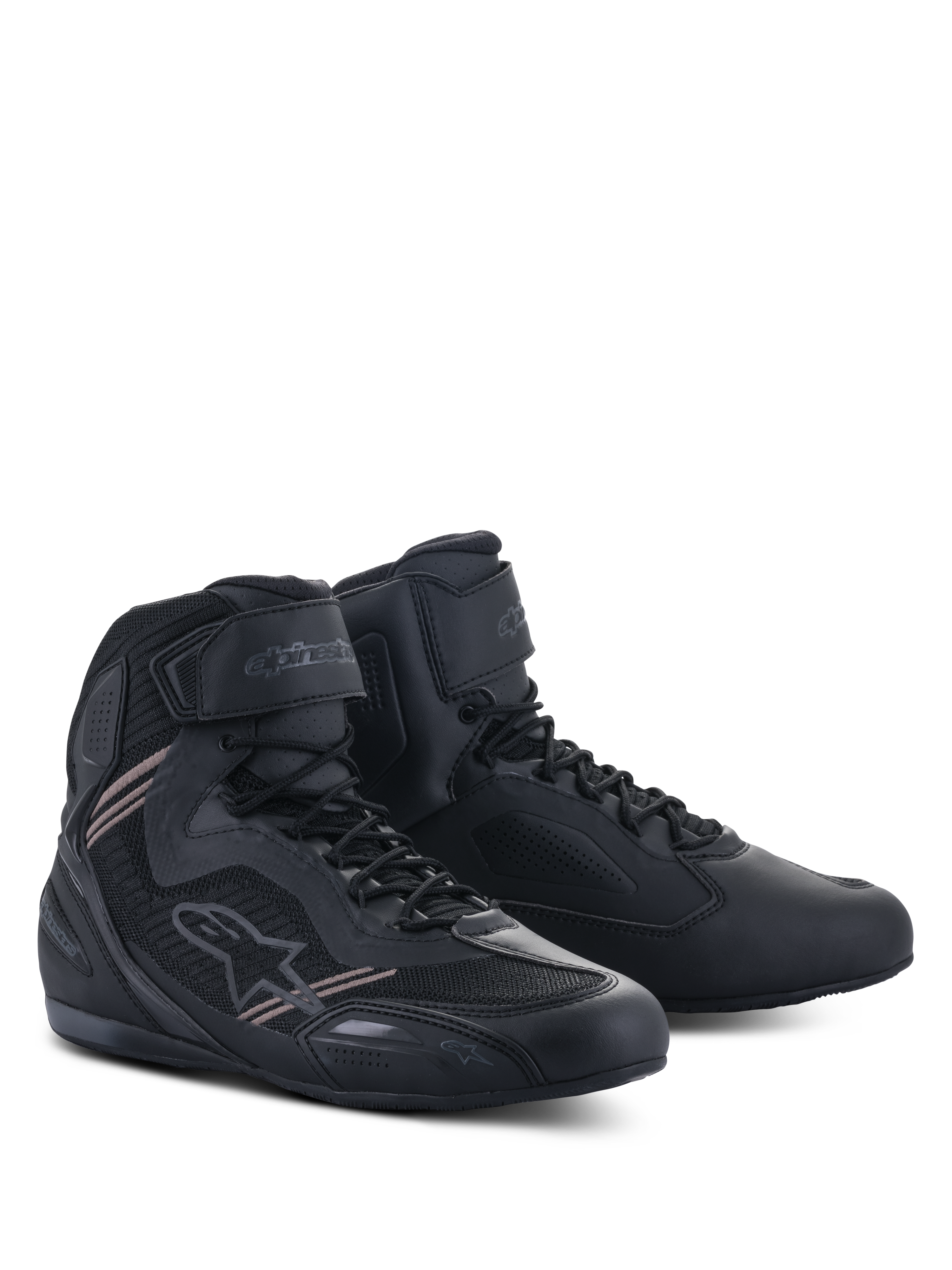 Alpinestars Faster-3 Rideknit® Shoes, motocyklowe buty do jazdy, czarne, lekka cholewka z mikrofibry i siatki, sznurowane zapięcie z paskiem na rzep na kostce, smukły szosowy design wyścigowy