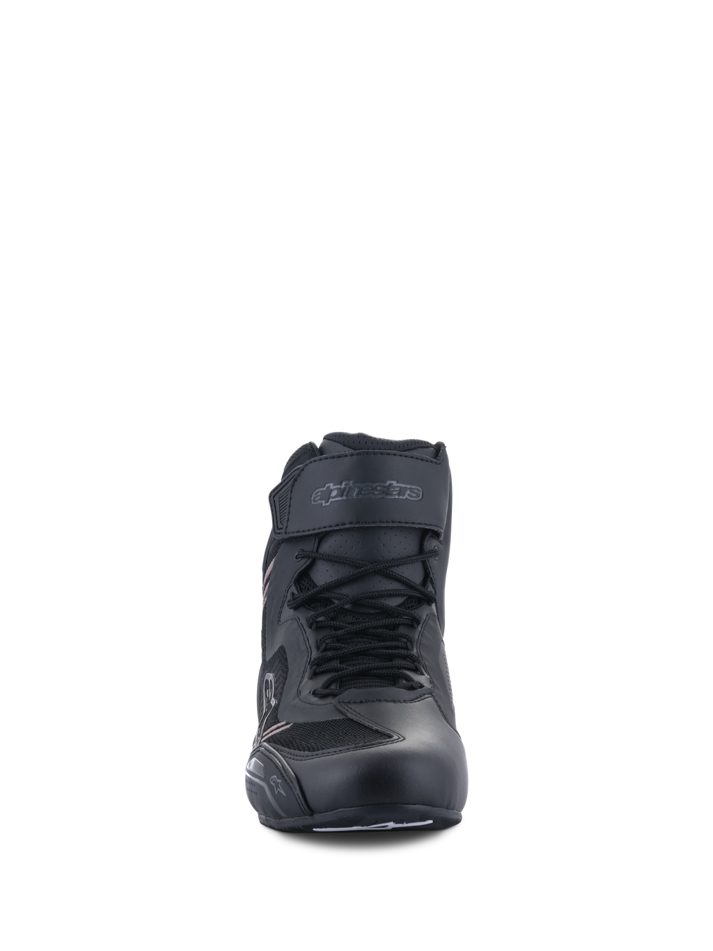 Buty Alpinestars Faster-3 Rideknit®, buty motocyklowe, czarne, widok z przodu przedstawiający sznurowadła i pasek z rzepem na kostce, lekka konstrukcja z mikrofibry i siatki