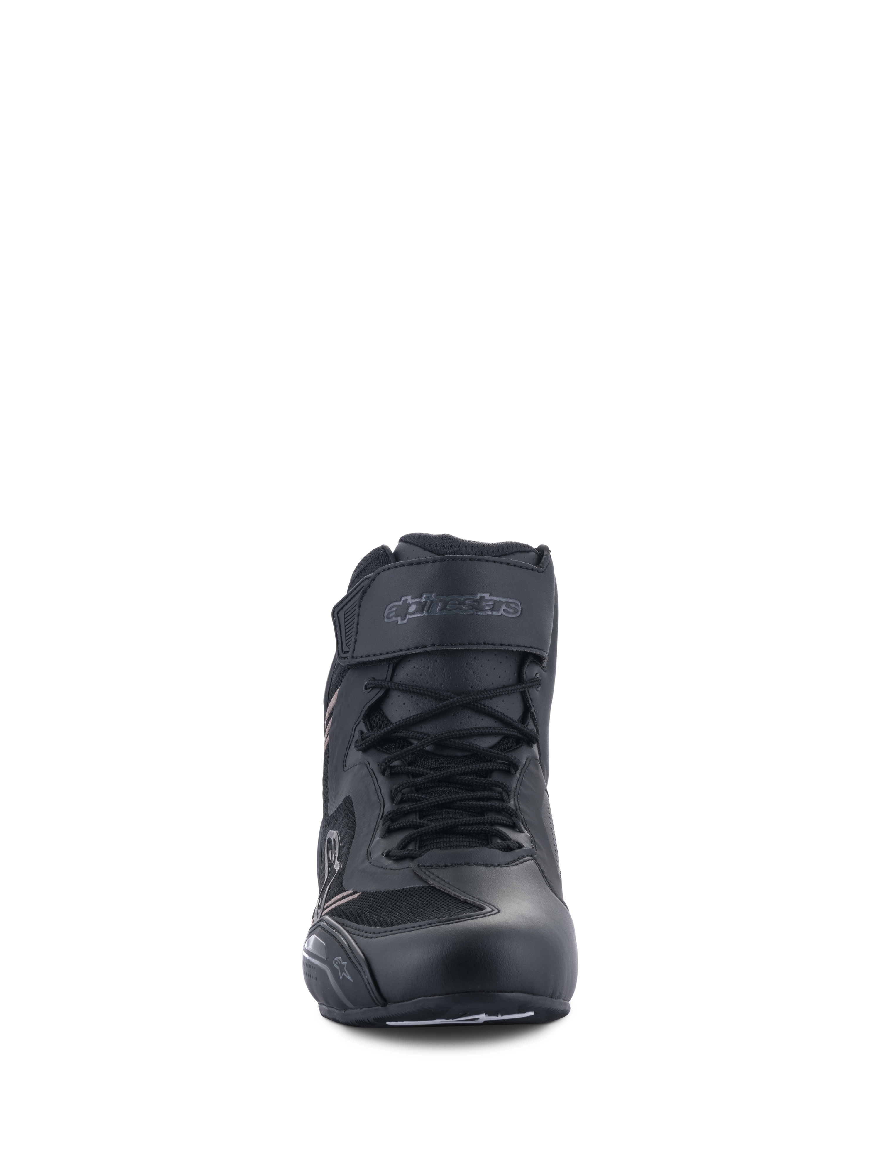 Buty Alpinestars Faster-3 Rideknit®, buty motocyklowe, czarne, widok z przodu przedstawiający sznurowadła i pasek z rzepem na kostce, lekka konstrukcja z mikrofibry i siatki