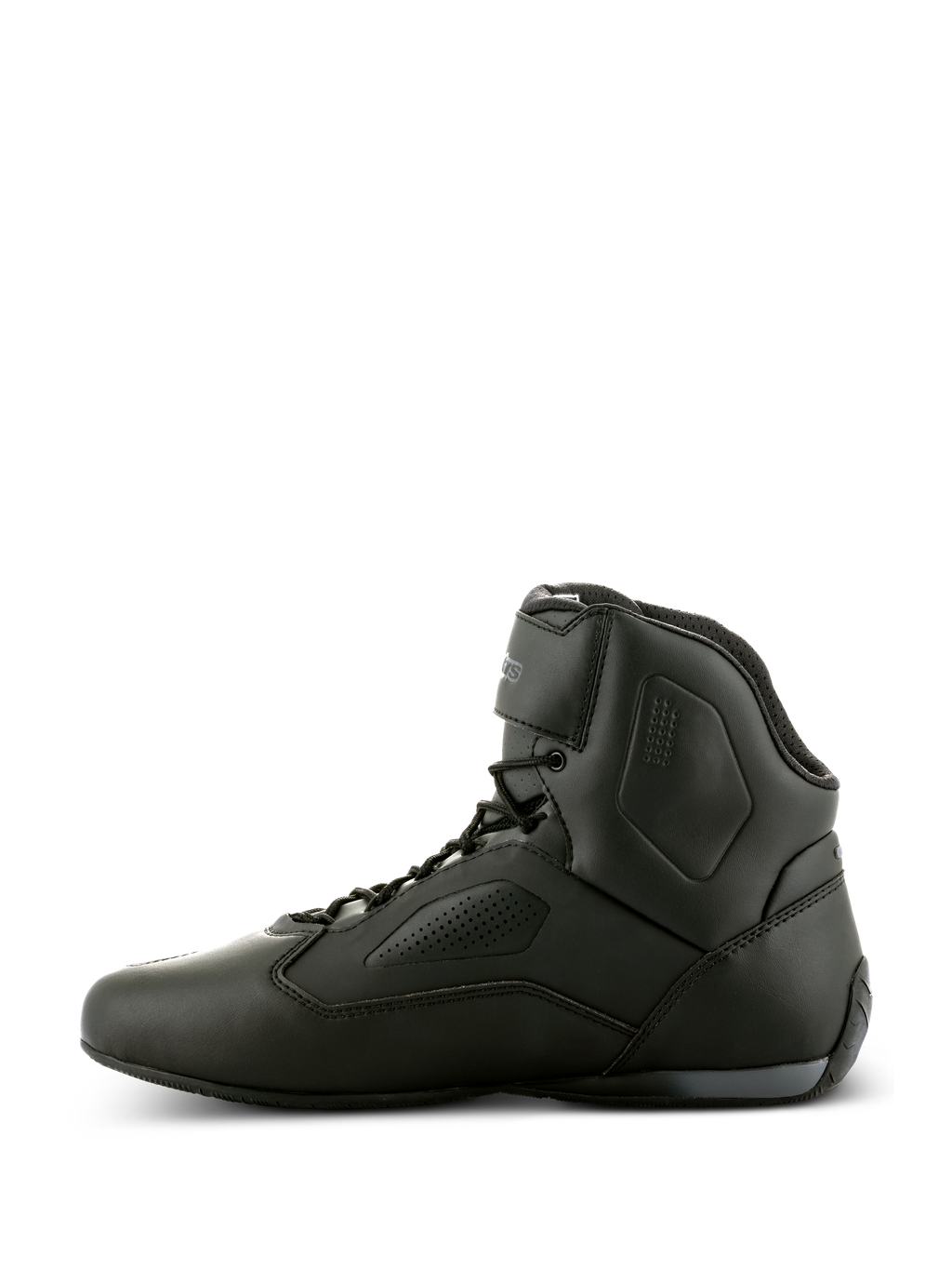 Buty Alpinestars Faster-3 Rideknit®, czarne buty motocyklowe, widok z boku, smukła konstrukcja z mikrofibry z perforowanymi panelami, wysoka cholewka ze sznurowaniem i paskiem na kostce, wyczynowe obuwie szosowe