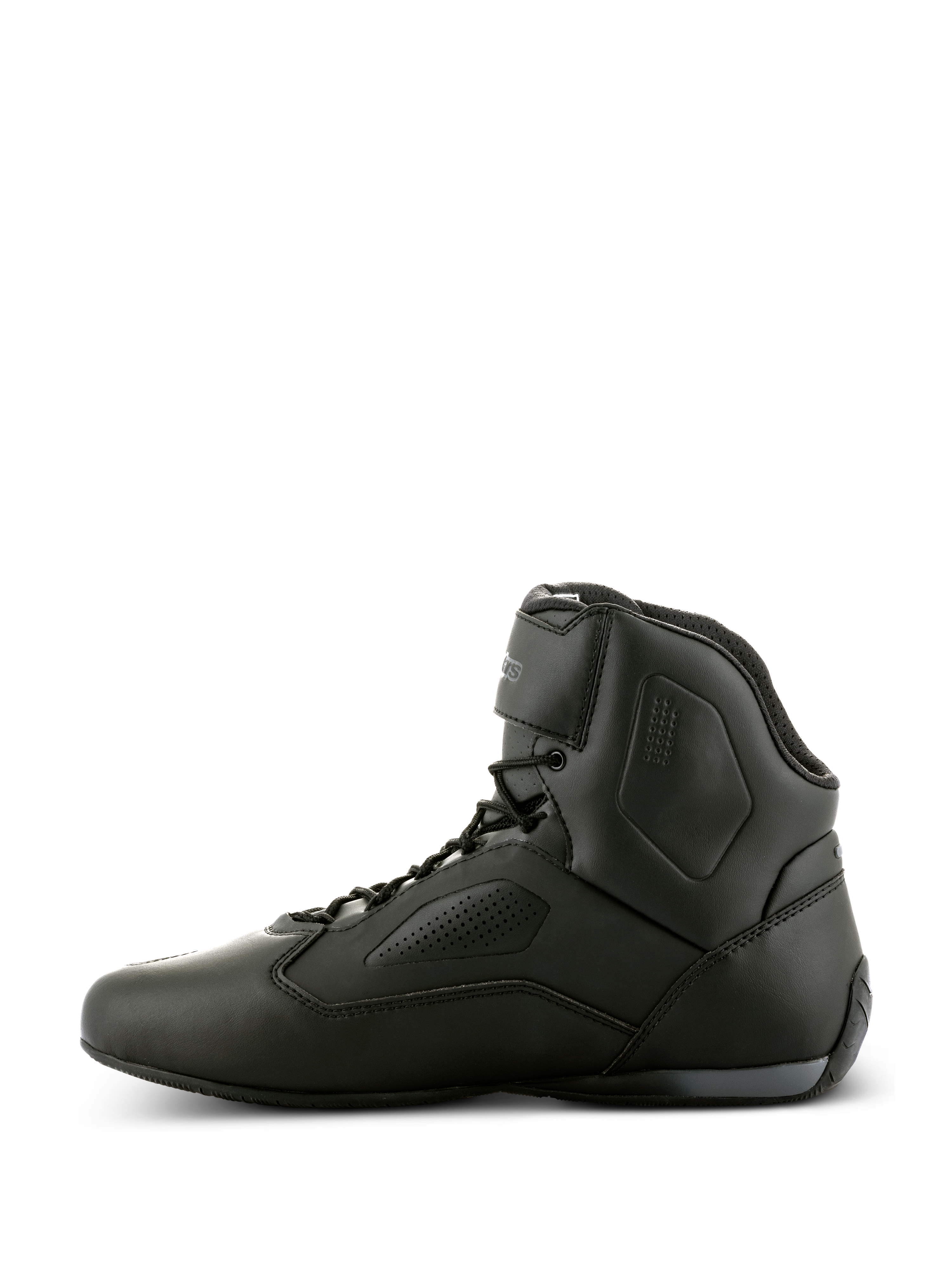 Buty Alpinestars Faster-3 Rideknit®, czarne buty motocyklowe, widok z boku, smukła konstrukcja z mikrofibry z perforowanymi panelami, wysoka cholewka ze sznurowaniem i paskiem na kostce, wyczynowe obuwie szosowe