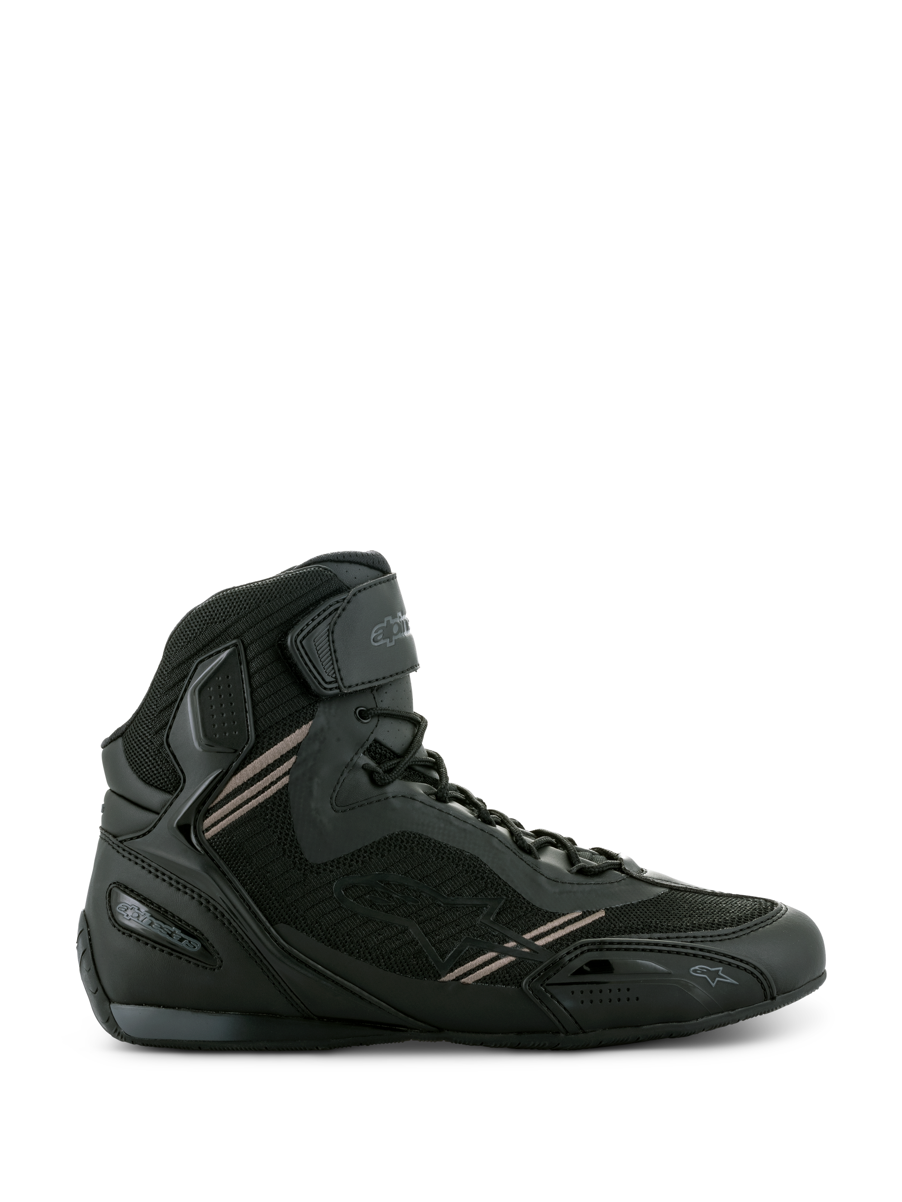 Alpinestars Faster-3 Rideknit® Shoes, czarne motocyklowe buty typu sneakers, lekka konstrukcja z mikrofibry i oddychającej siateczki, sznurowane zapięcie z paskiem na rzep na kostce, ochronna konstrukcja z wysoką cholewką do miejskiej jazdy szosowej