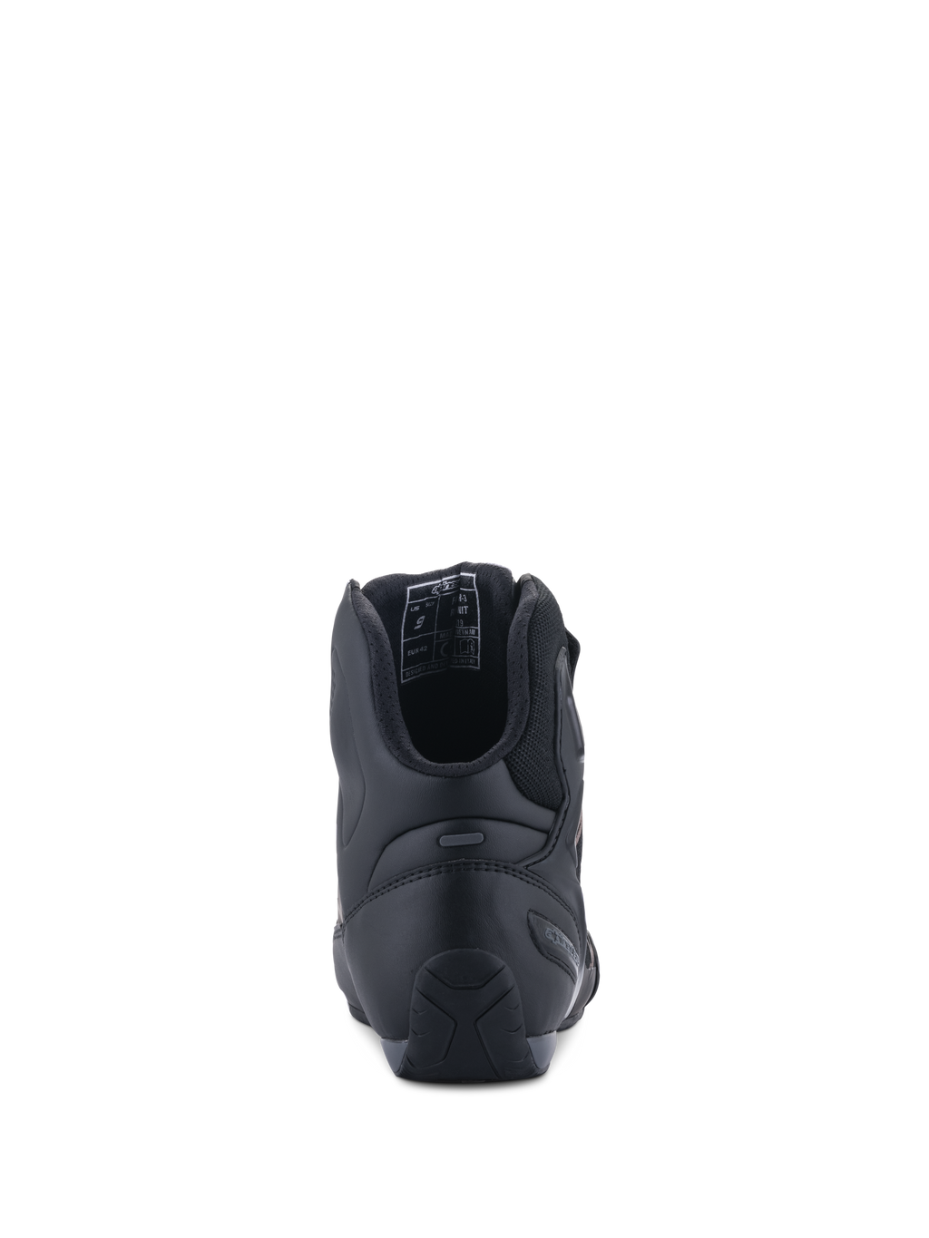 Buty Alpinestars Faster-3 Rideknit®, widok z tyłu, czarne, widoczny zapiętek TPR zapewniający wsparcie boczne, konstrukcja z mikrofibry z oddychającą wyściółką z siatki, wyczynowe motocyklowe obuwie szosowe