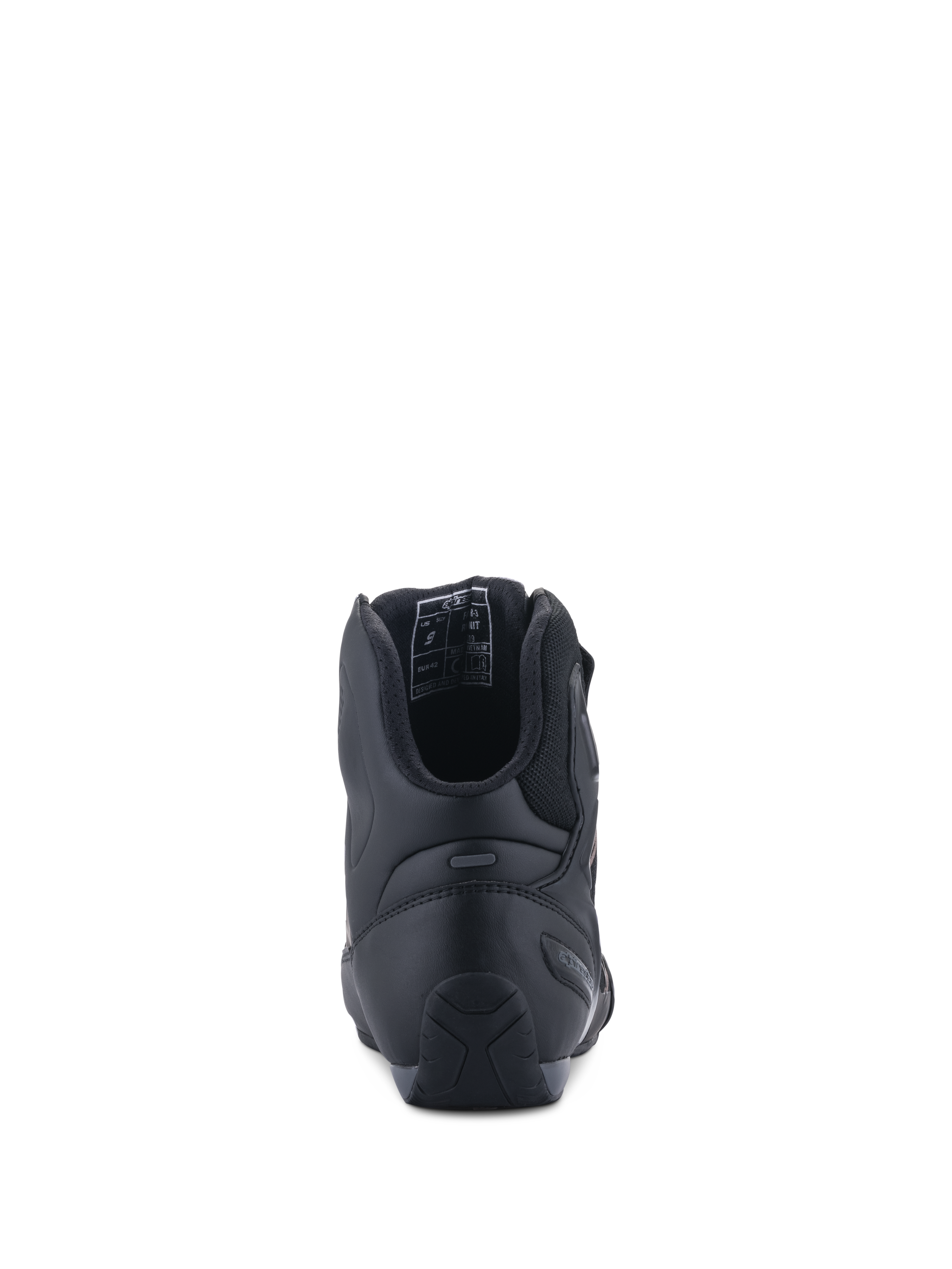 Buty Alpinestars Faster-3 Rideknit®, widok z tyłu, czarne, widoczny zapiętek TPR zapewniający wsparcie boczne, konstrukcja z mikrofibry z oddychającą wyściółką z siatki, wyczynowe motocyklowe obuwie szosowe