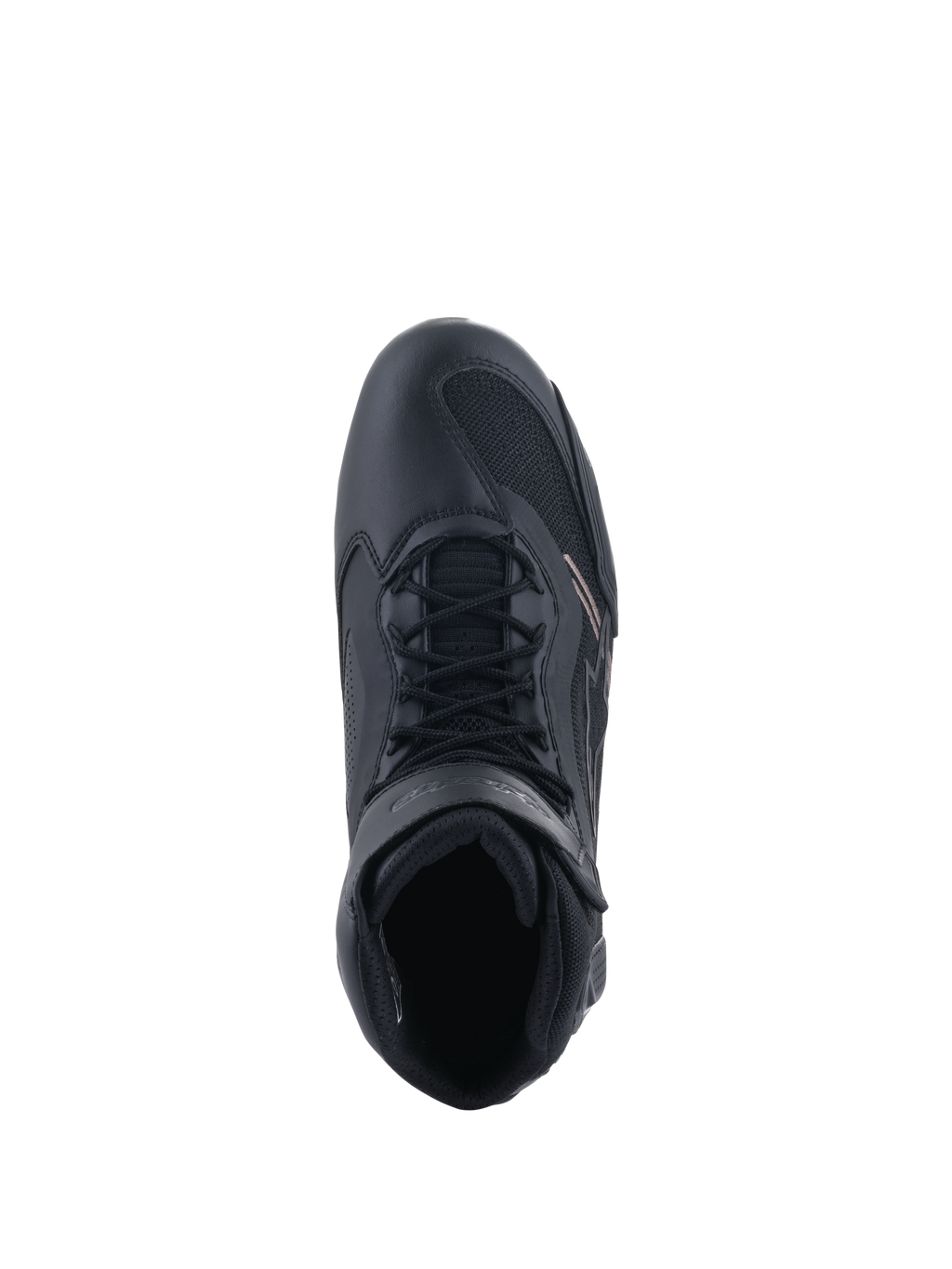 Buty Alpinestars Faster-3 Rideknit®, buty motocyklowe, czarne, widok z góry pokazujący system sznurowania i pasek na kostkę, wykonane z połączenia oddychającej siateczki i mikrofibry, sportowy design do wyczynowej jazdy szosowej