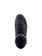 Buty Alpinestars Faster-3 Rideknit®, buty motocyklowe, czarne, widok z góry pokazujący system sznurowania i pasek na kostkę, wykonane z połączenia oddychającej siateczki i mikrofibry, sportowy design do wyczynowej jazdy szosowej