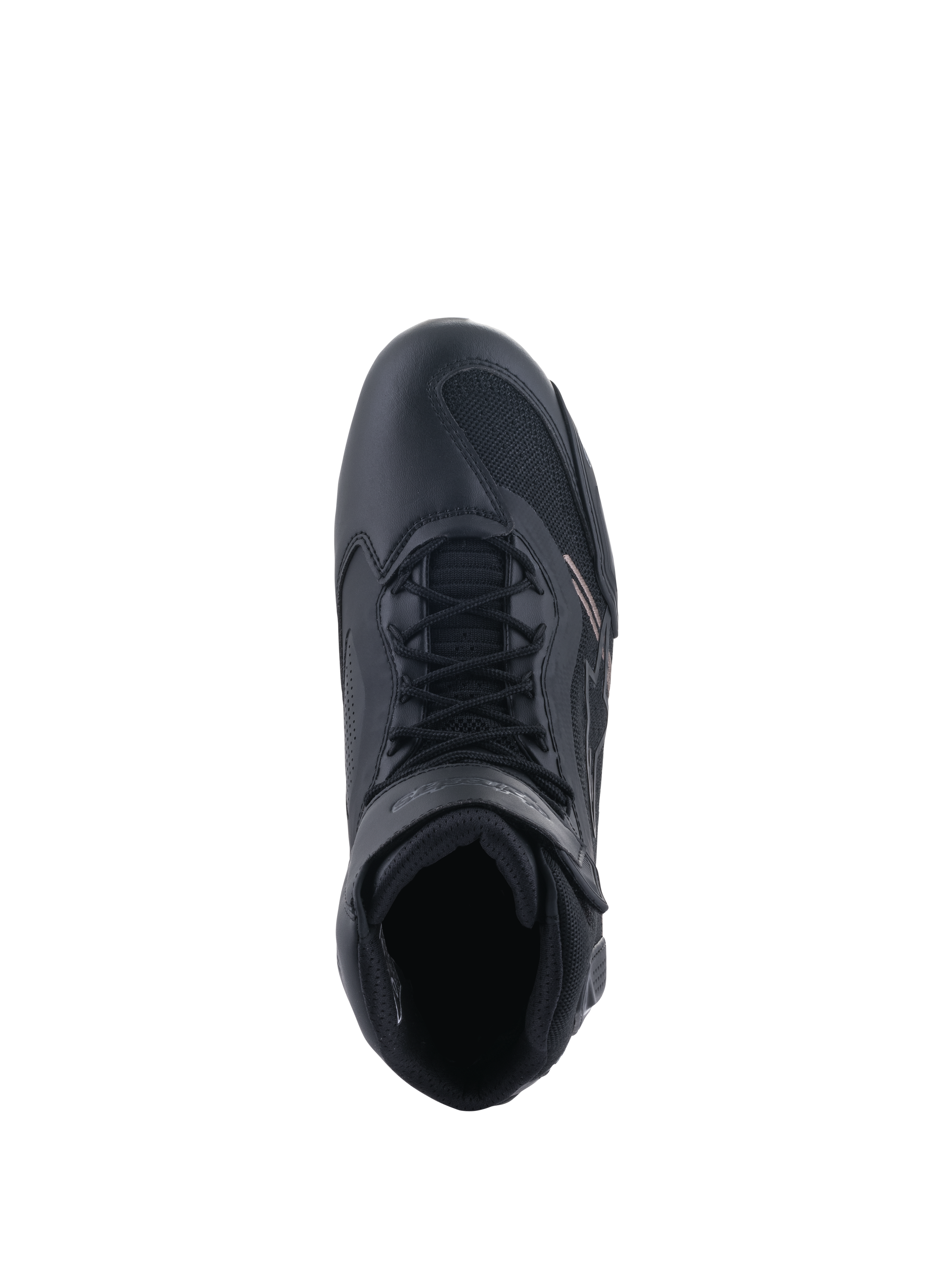 Buty Alpinestars Faster-3 Rideknit®, buty motocyklowe, czarne, widok z góry pokazujący system sznurowania i pasek na kostkę, wykonane z połączenia oddychającej siateczki i mikrofibry, sportowy design do wyczynowej jazdy szosowej