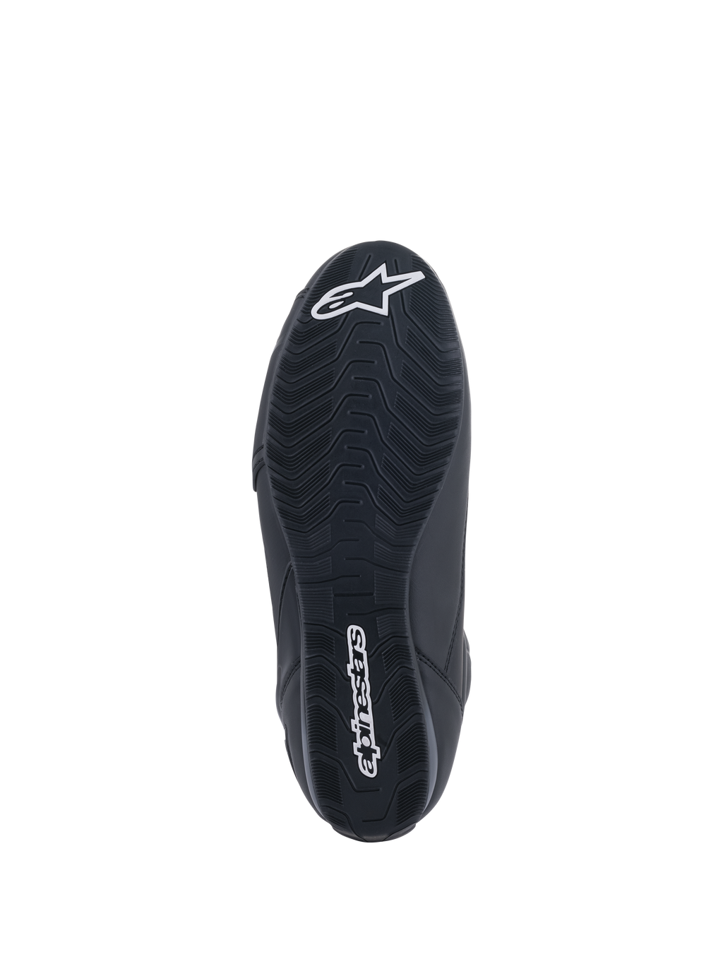 Buty Alpinestars Faster-3 Rideknit®, buty motocyklowe, czarne, widok podeszwy od dołu z teksturowanym bieżnikiem, białym napisem Alpinestars i logo gwiazdy, zaprojektowane dla sportowej wydajności na drodze