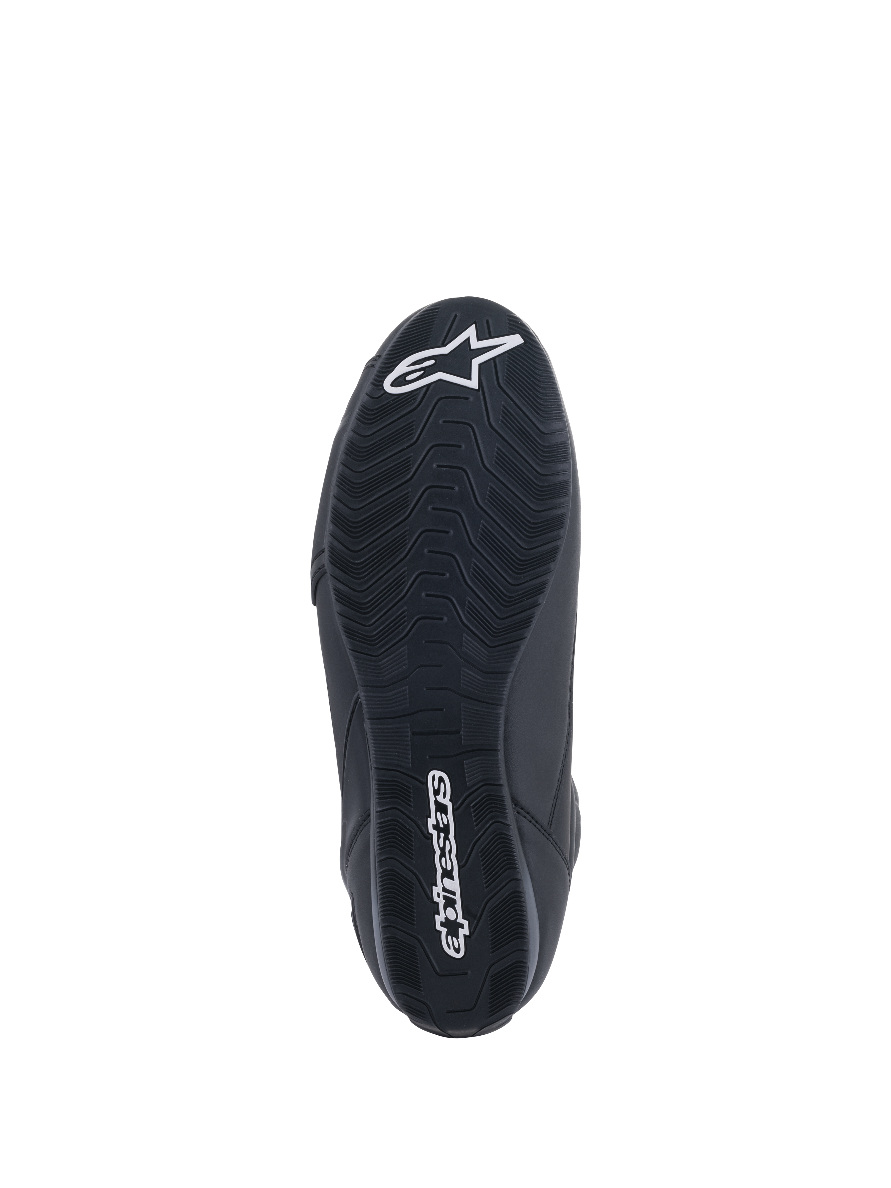 Buty Alpinestars Faster-3 Rideknit®, buty motocyklowe, czarne, widok podeszwy od dołu z teksturowanym bieżnikiem, białym napisem Alpinestars i logo gwiazdy, zaprojektowane dla sportowej wydajności na drodze