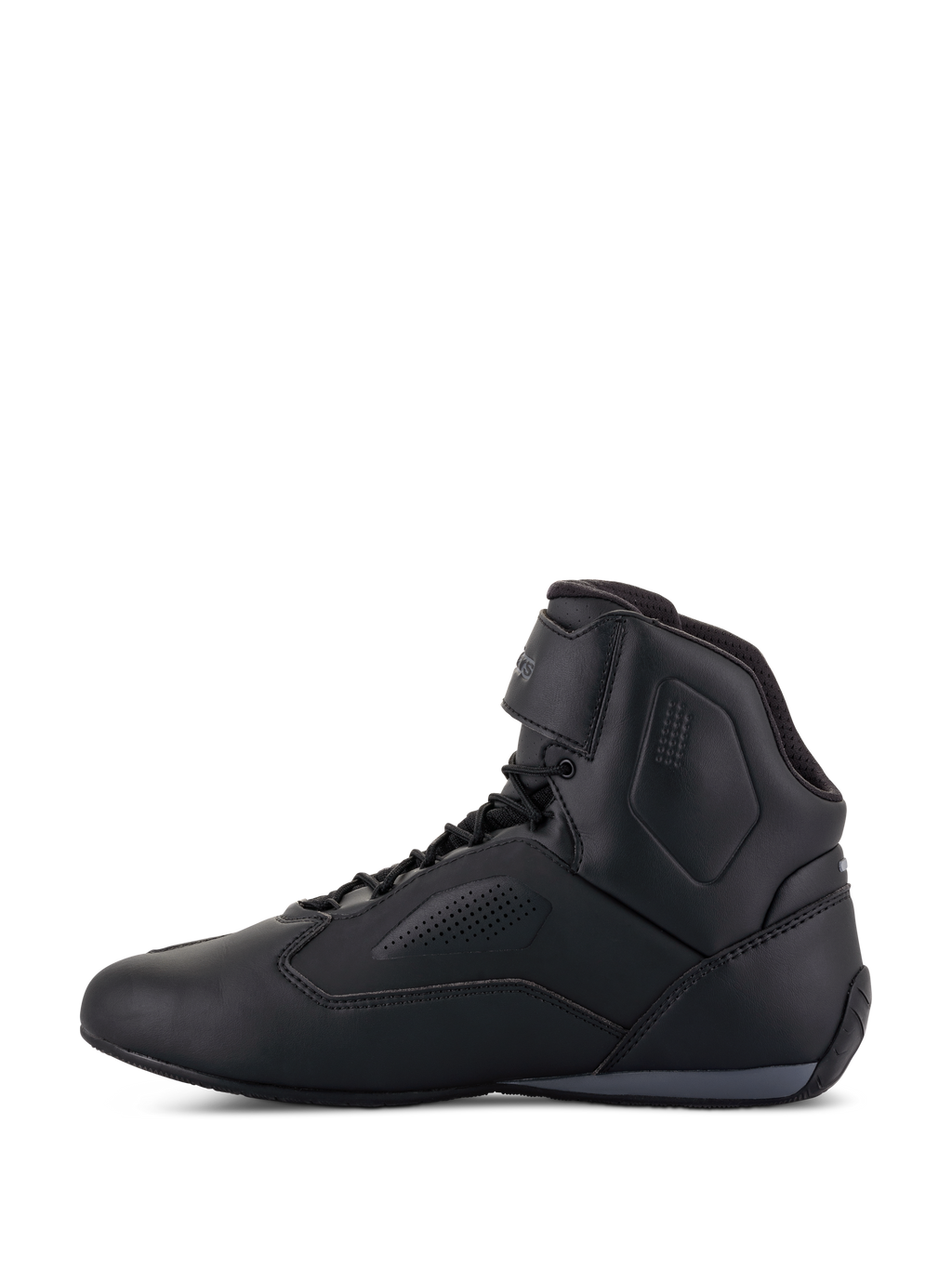 Buty Alpinestars Faster-3 Rideknit®, buty motocyklowe, czarne, widok z boku, elegancka cholewka z mikrofibry z perforowanymi panelami wentylacyjnymi, sznurowane zapięcie z paskiem na rzep wokół kostki, sportowy design inspirowany wyścigami szosowymi