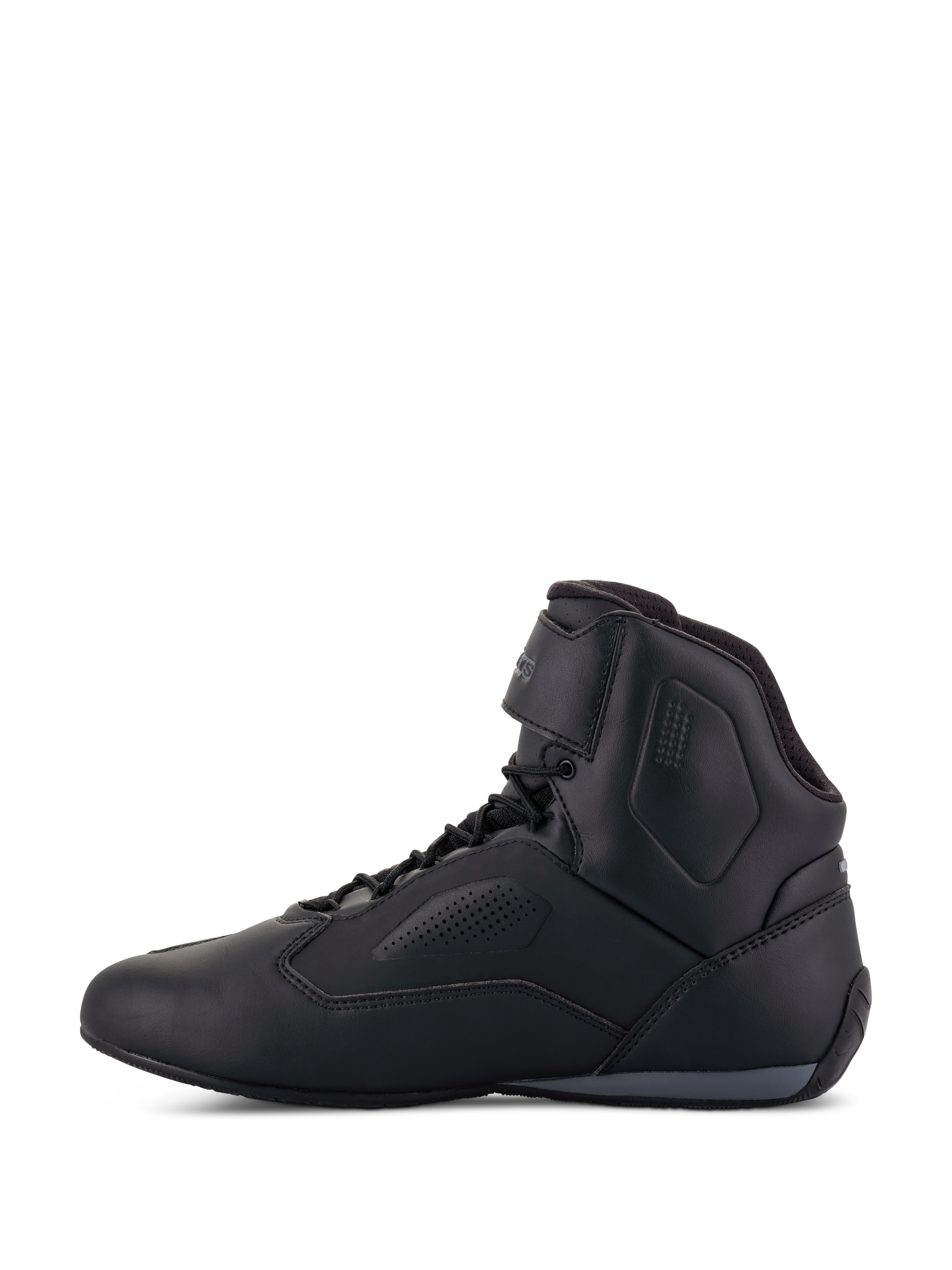 Buty Alpinestars Faster-3 Rideknit®, buty motocyklowe, czarne, widok z boku, elegancka cholewka z mikrofibry z perforowanymi panelami wentylacyjnymi, sznurowane zapięcie z paskiem na rzep wokół kostki, sportowy design inspirowany wyścigami szosowymi