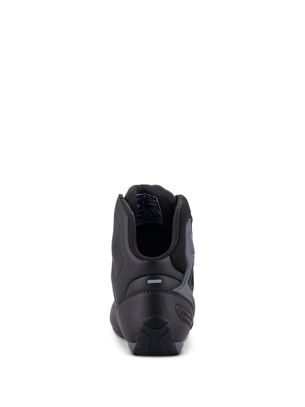 Buty Alpinestars Faster-3 Rideknit®, buty motocyklowe, czarne, szare i jaskrawoczerwone, widok z tyłu pokazujący zapiętek TPR i wyściełany kołnierz, smukła konstrukcja z mikrofibry i materiału tekstylnego