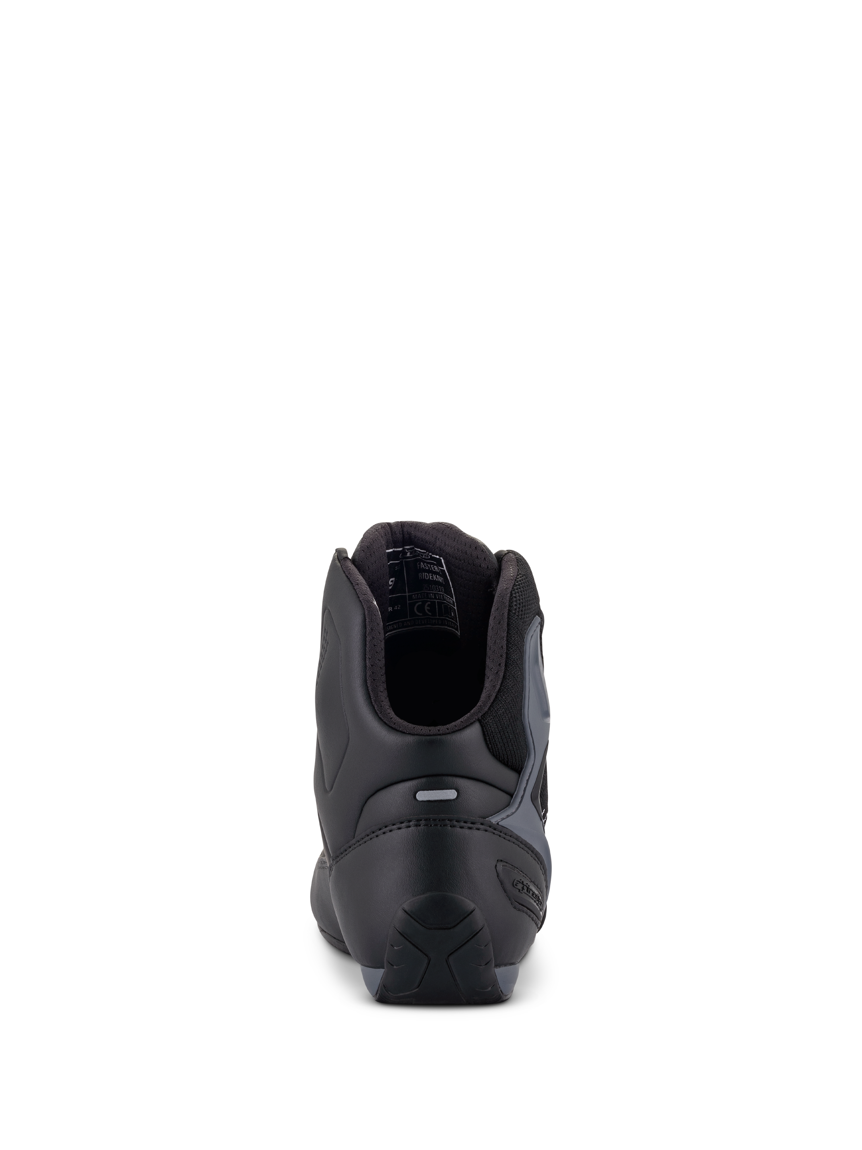 Buty Alpinestars Faster-3 Rideknit®, buty motocyklowe, czarne, szare i jaskrawoczerwone, widok z tyłu pokazujący zapiętek TPR i wyściełany kołnierz, smukła konstrukcja z mikrofibry i materiału tekstylnego