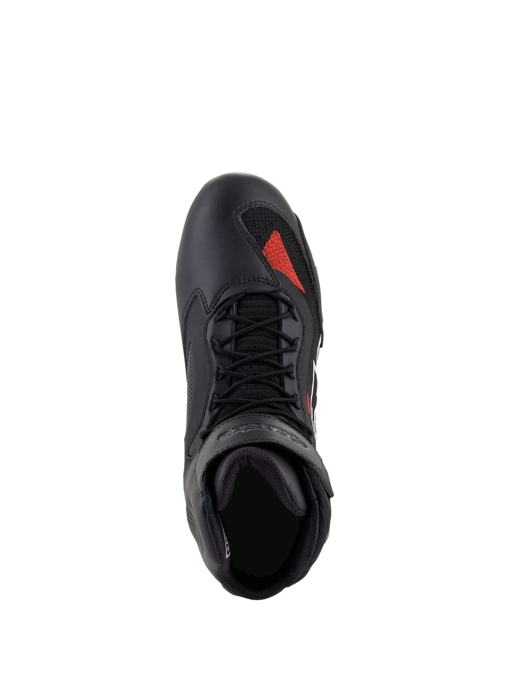 Buty Alpinestars Faster-3 Rideknit®, czarno-szaro-jaskrawoczerwone, widok z góry, czarna konstrukcja z mikrofibry z czerwonym dzianinowym akcentem na czubku, czarne sznurowadła i wyściełany kołnierz, techniczne obuwie motocyklowe