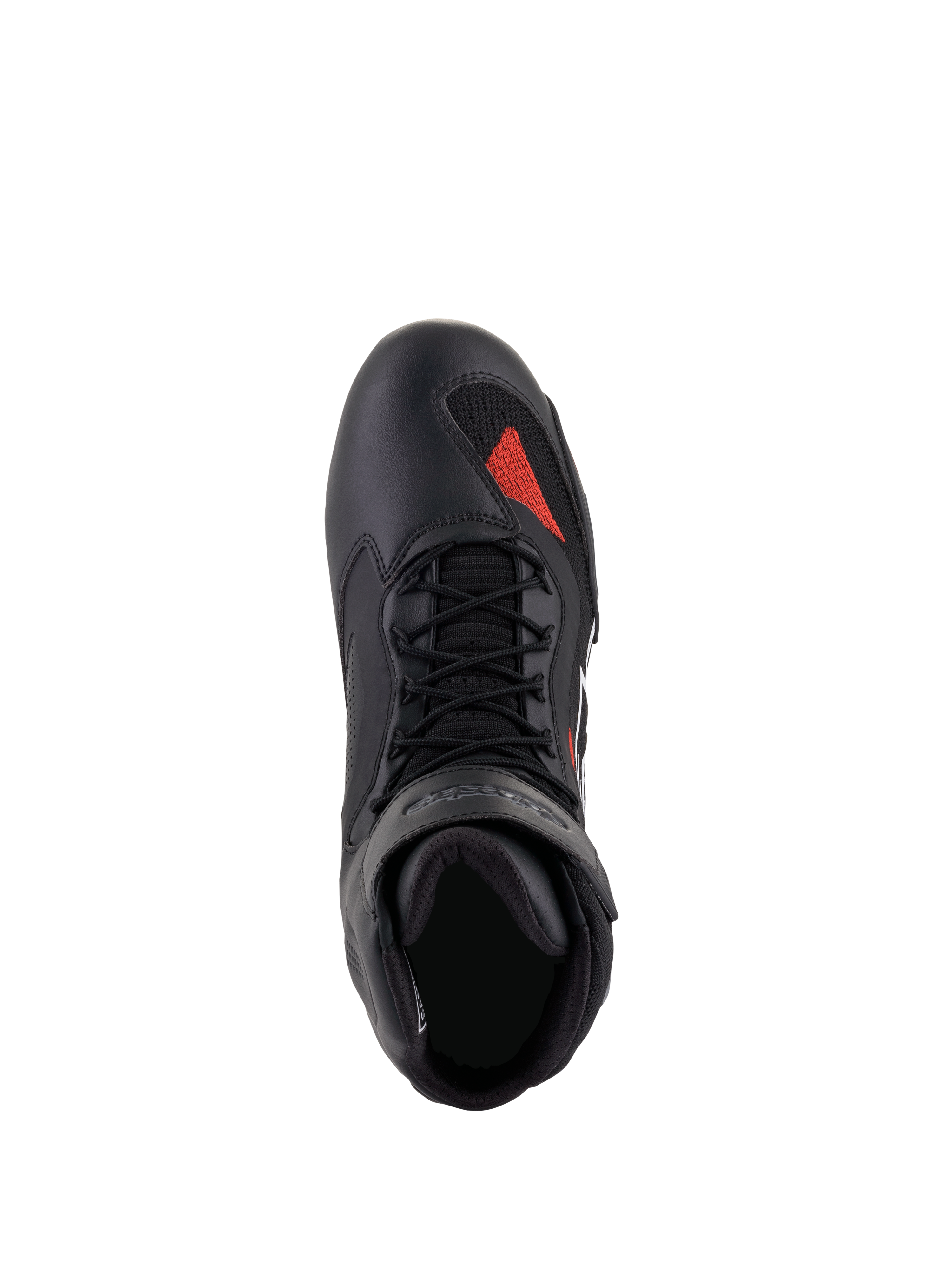 Buty Alpinestars Faster-3 Rideknit®, czarno-szaro-jaskrawoczerwone, widok z góry, czarna konstrukcja z mikrofibry z czerwonym dzianinowym akcentem na czubku, czarne sznurowadła i wyściełany kołnierz, techniczne obuwie motocyklowe