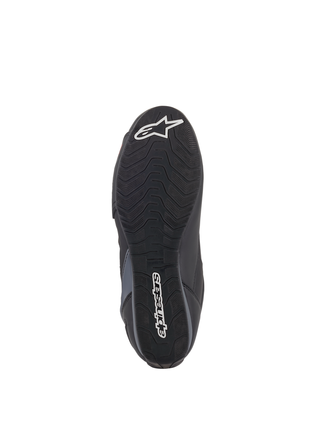 Buty Alpinestars Faster-3 Rideknit®, widok podeszwy, czarna gumowa podeszwa zewnętrzna z falistym wzorem bieżnika, z białym napisem Alpinestars i logo gwiazdy, pokazujące detale przyczepności do jazdy motocyklowej