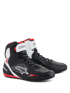 Alpinestars Faster-3 Rideknit® Shoes, motorcycle riding shoes in Black White Red, high-top design with microfiber and mesh knit upper, white Alpinestars branding on the ankle strap and side logo, red accents on the heel and toe, sporty road racing style.