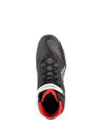 Alpinestars Faster-3 Rideknit® Shoes, motorcycle riding shoes, Black White and Red, top-down view featuring black microfiber construction, breathable knitted mesh panels, white Alpinestars branding, and a bright red interior lining