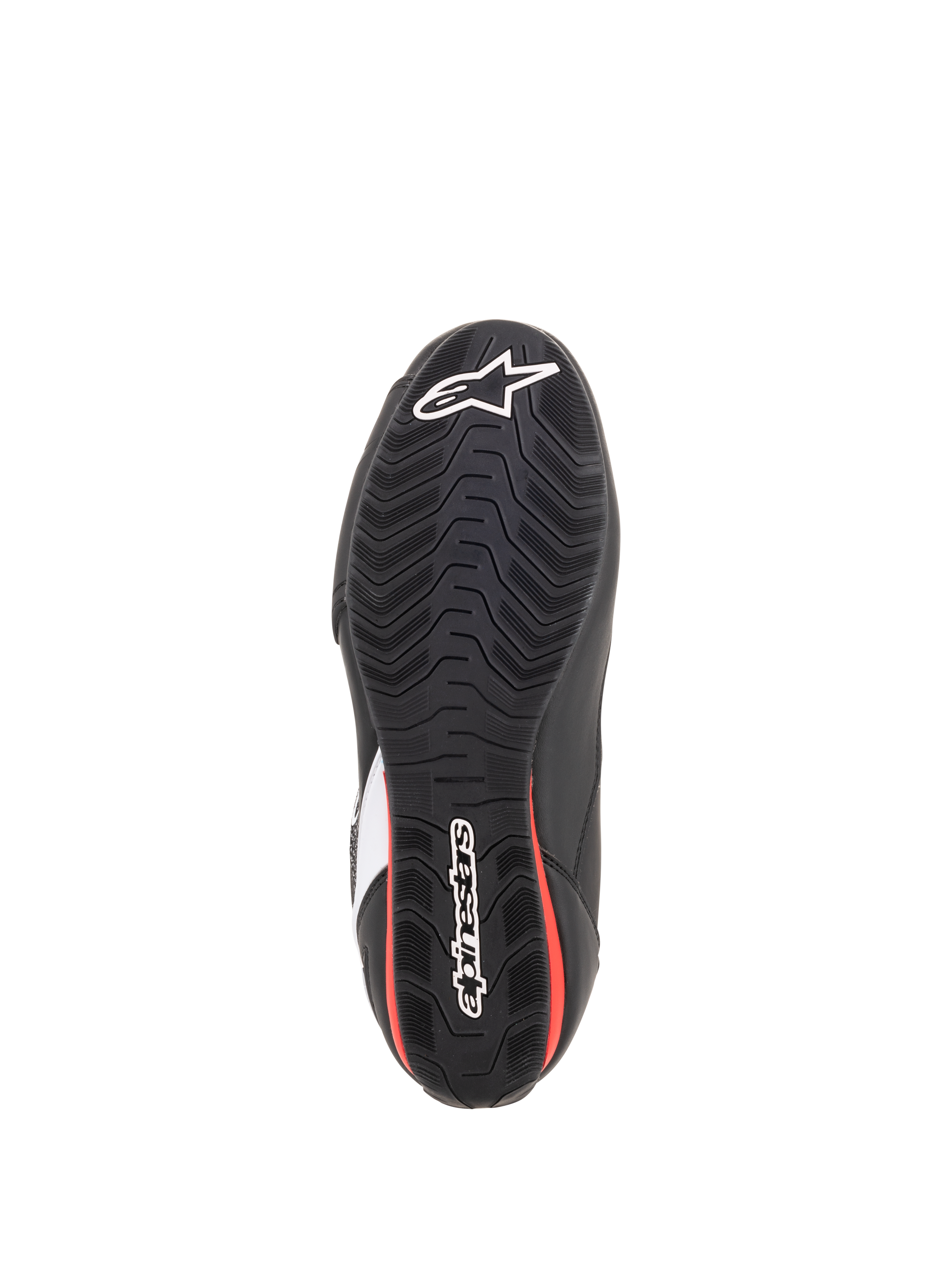 Alpinestars Faster-3 Rideknit® Shoes, Bottom View of Sole, Black and Red, Textured rubber outsole with white Alpinestars star and wordmark logos, road riding motorcycle footwear