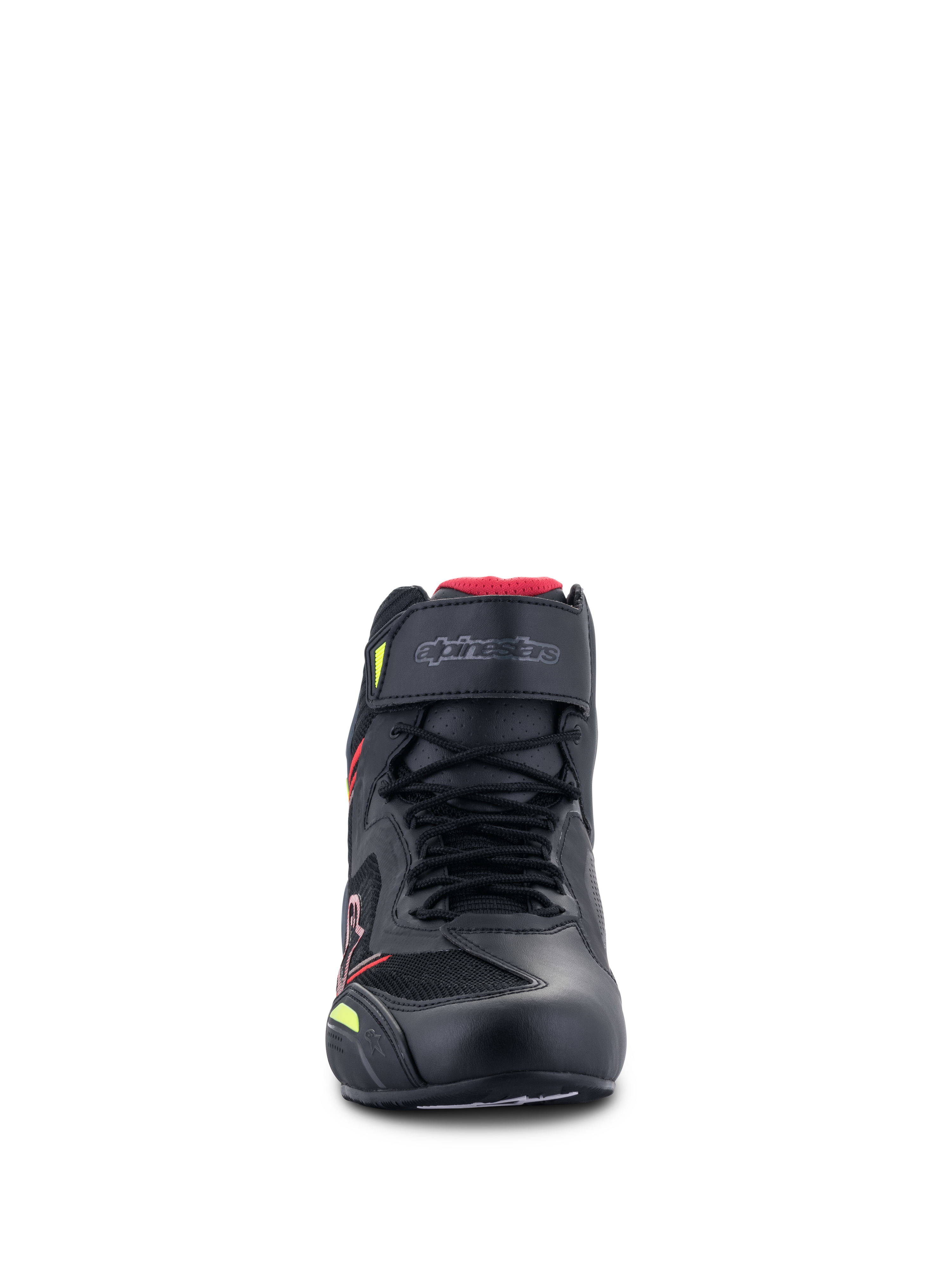Buty Alpinestars Faster-3 Rideknit®, buty motocyklowe, czarne z czerwonymi i żółtymi fluorescencyjnymi akcentami, widok z przodu, sznurowadła, pasek na rzep na kostce, oddychające panele z dzianiny z czerwoną wyściółką
