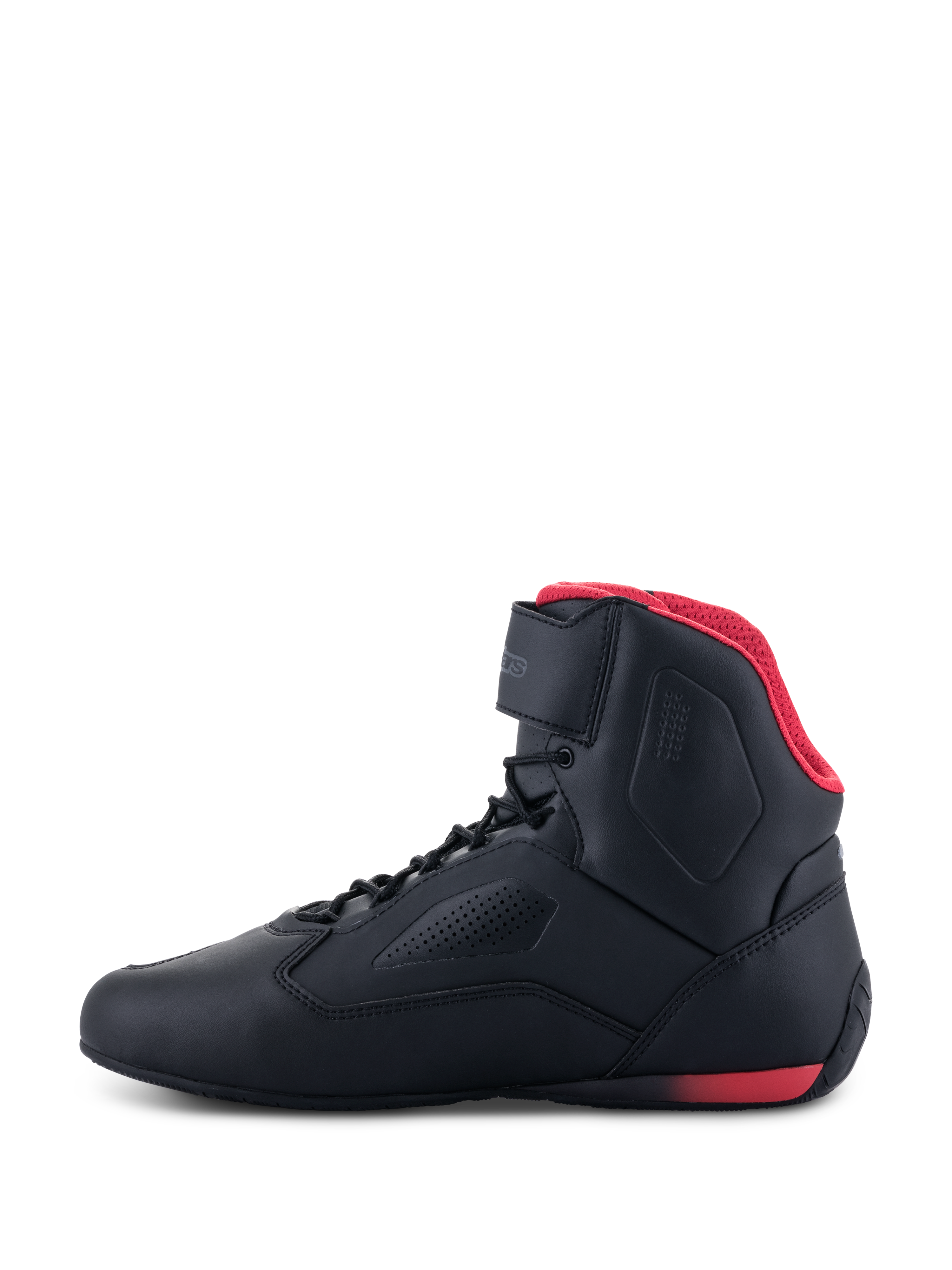 Buty Alpinestars Faster-3 Rideknit®, buty motocyklowe, czarno-czerwone, widok z boku, czerwona wyściółka z siateczki, pasek na kostce, perforowana cholewka z mikrofibry
