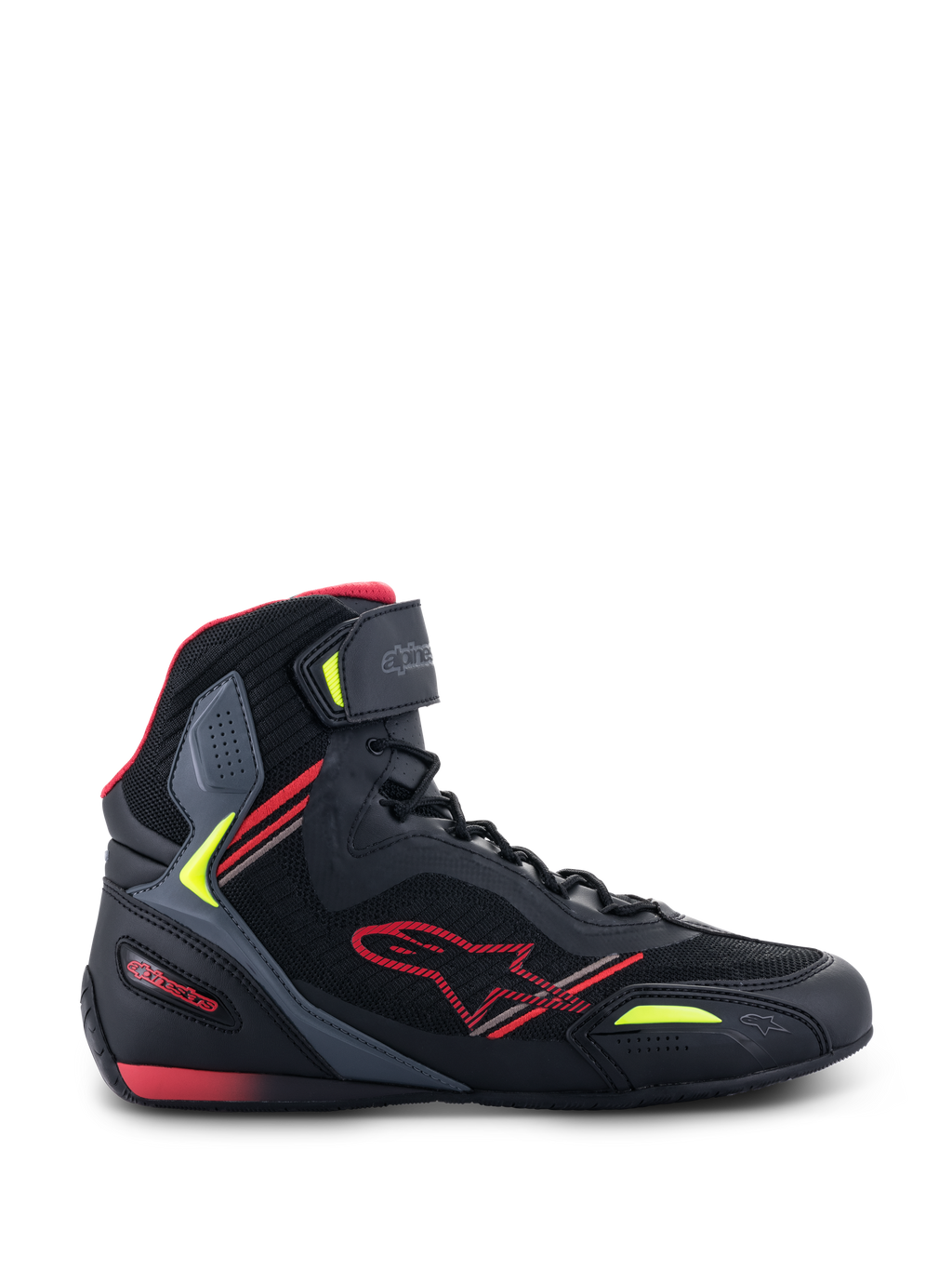 Alpinestars Faster-3 Rideknit®, buty motocyklowe, czarne z czerwonymi i żółtymi akcentami fluo, profil boczny prezentujący konstrukcję z oddychającej siateczki i mikrofibry, fason za kostkę z czerwonym logo gwiazdy i regulowanym paskiem na kostce